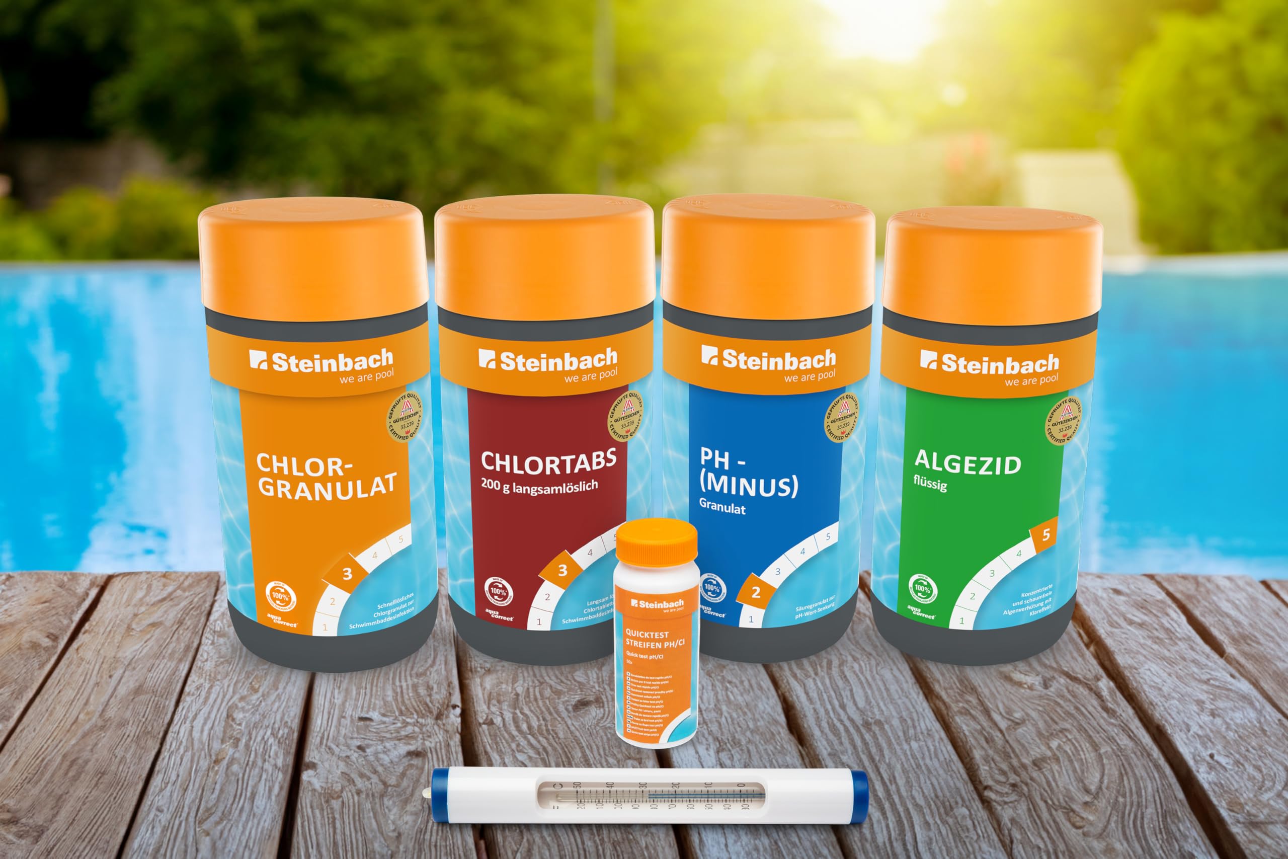 Steinbach Poolpflege Chlor Starterset - 0759001TS - 6-teiliges Komplettset für sauberes Poolwasser - Mit Chlorgranulat, Chlortabletten, Algezid, pH-Minus, Teststreifen & Thermometer