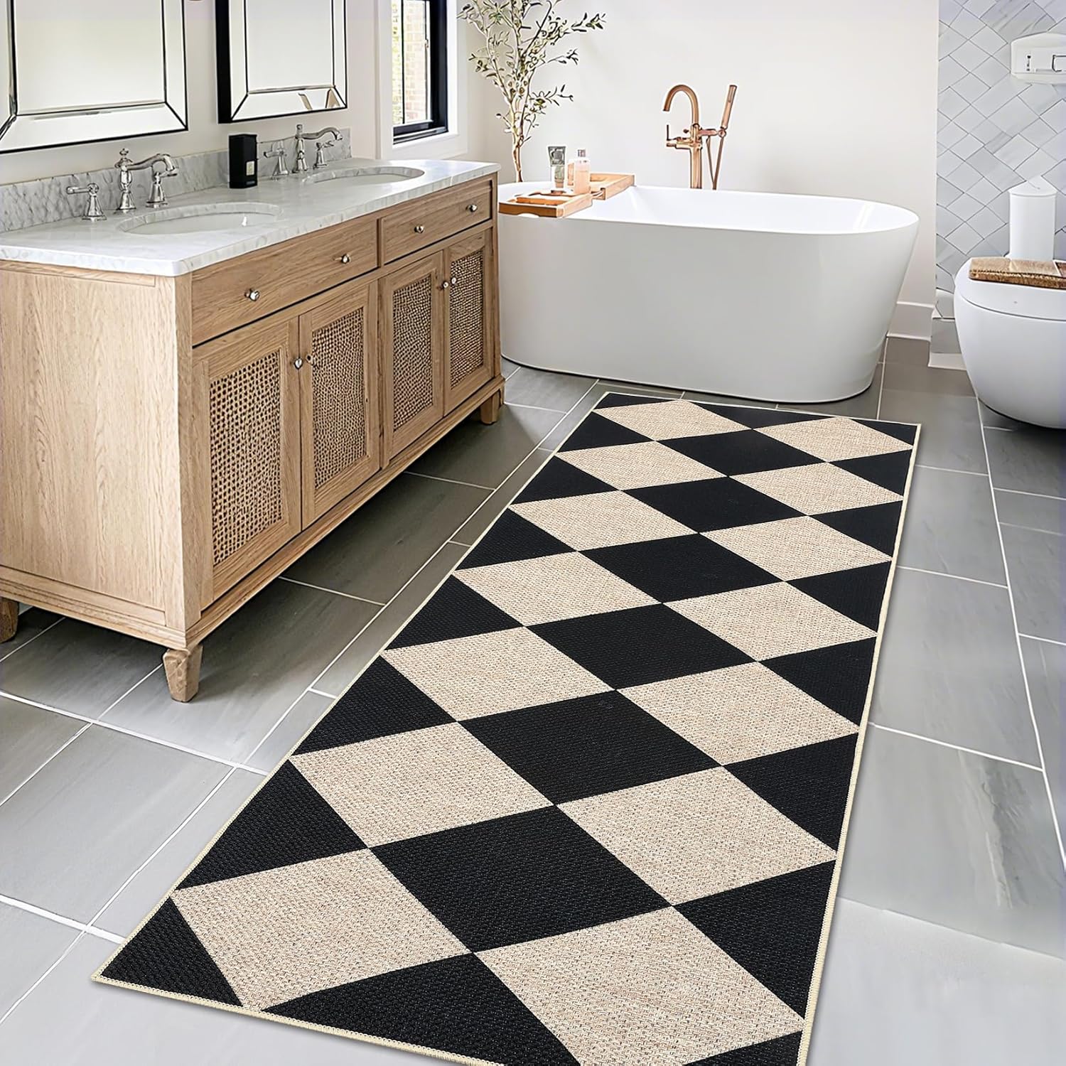 Garvee 2x6 Runner Rug Non Slip Washable Entryway Rugs Easy Jute Braided Rugs for Kitchen, Hallway, Modern Diamond Checkered Front Door Rug Outdoor Area Rug Black and Natural Color