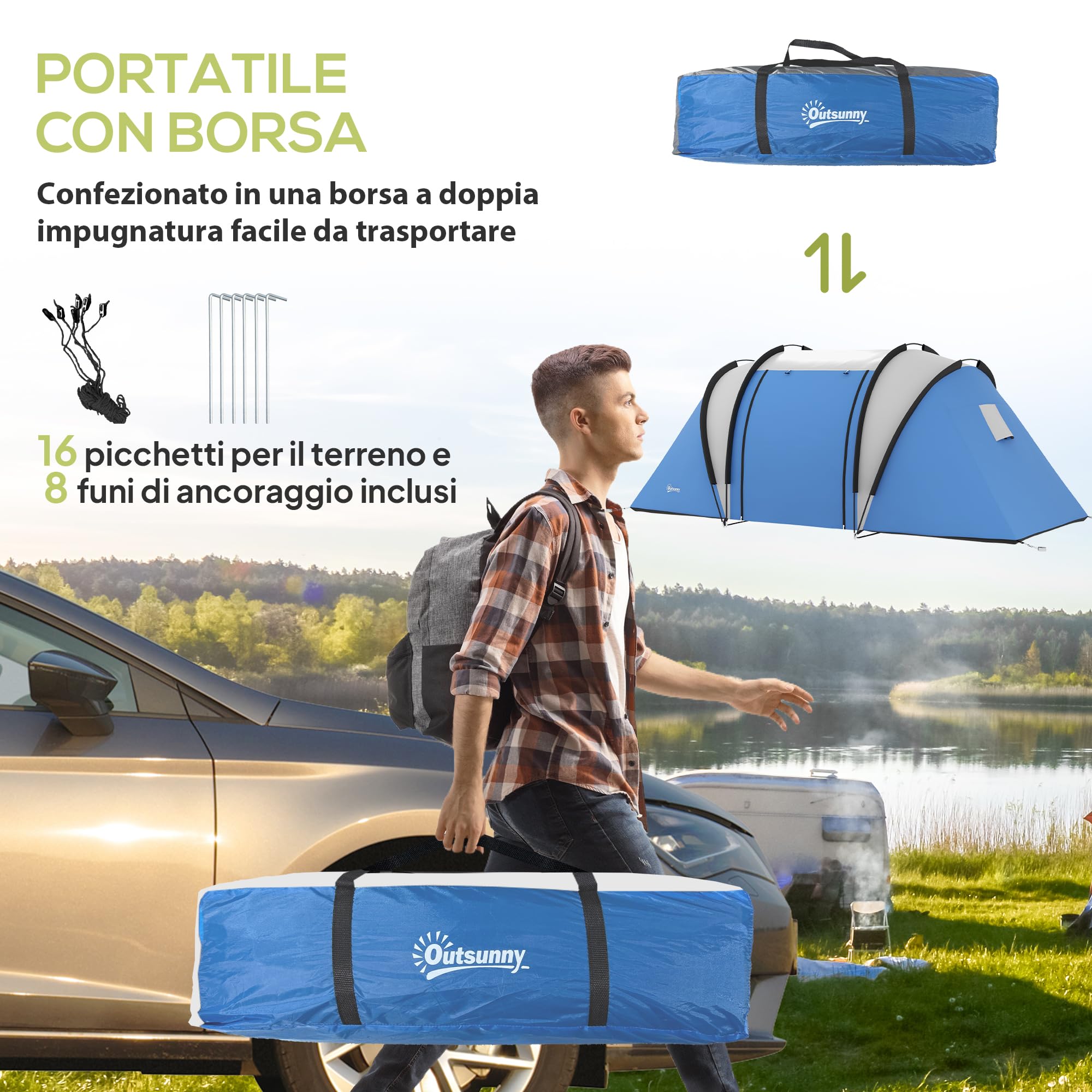 Outsunny Tenda da Campeggio 4-5 Posti con 2 Stanze e Borsa di Trasporto, Tenda a Tunnel Familiare Impermeabile 3000 mm, 220x450x180 cm, Blu