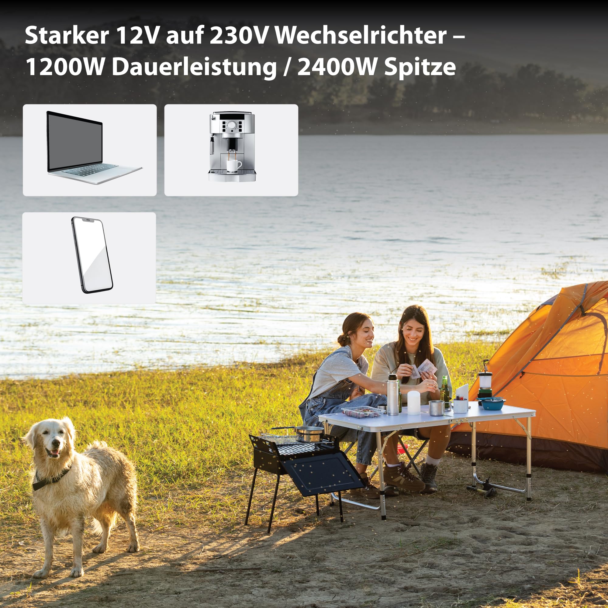 Technaxx KFZ Wechselrichter 12V auf 230V 1200W (2400W Spitze) – TÜV zertifizierter Spannungswandler mit 2x Schuko-Steckdose & 2x USB 5V/3,1A – Inverter für Auto, Wohnmobil, Camping, Boot, LKW – TE16