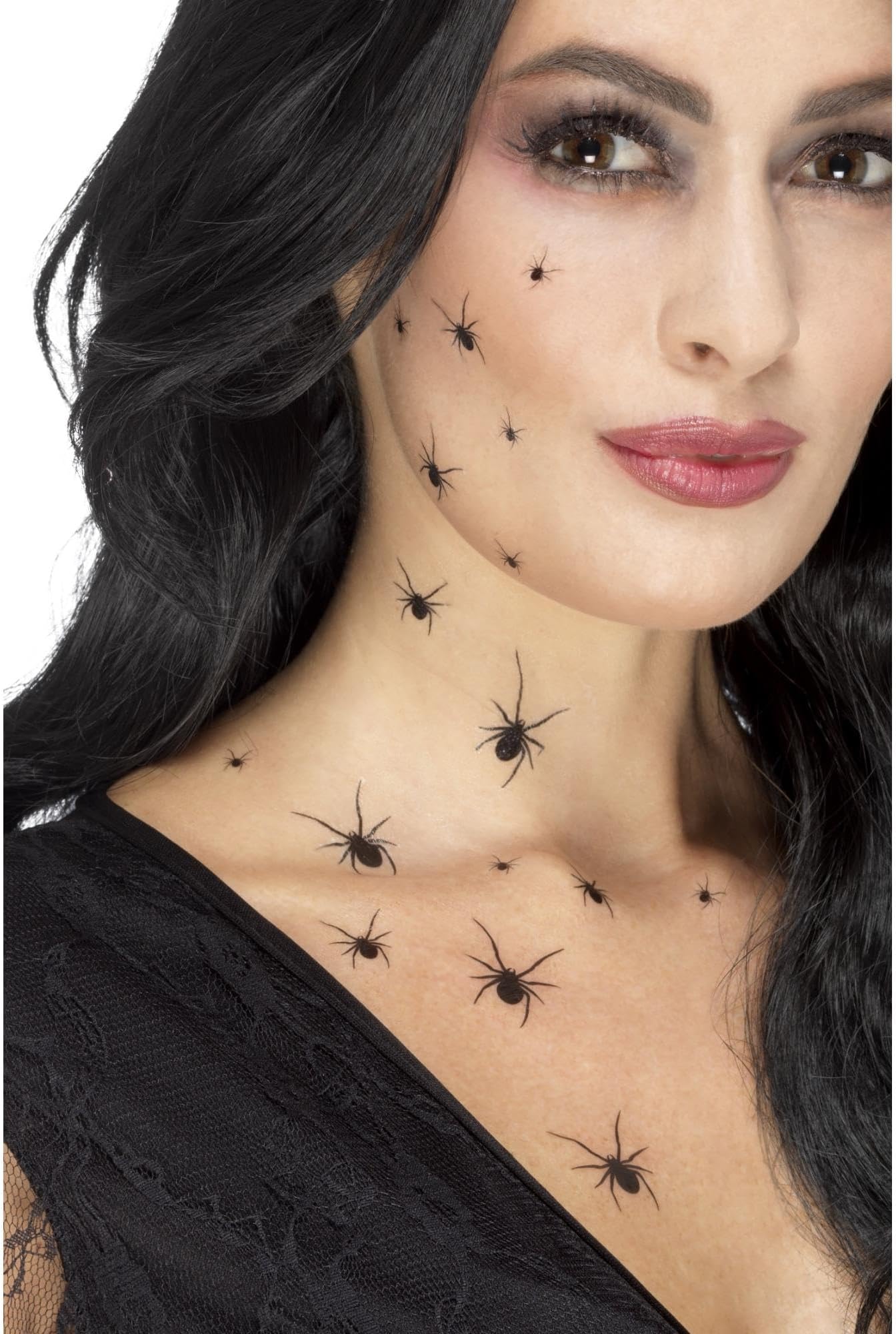 Smiffys Make-Up FX, Crawling Spider Transfers, Bla with 2 Sheets Per Pack, 16 Spiders on Each, Cosmetics and Disguises Fancy Dress, Spider Dress Up Cosmetics & Disguises. Halloween