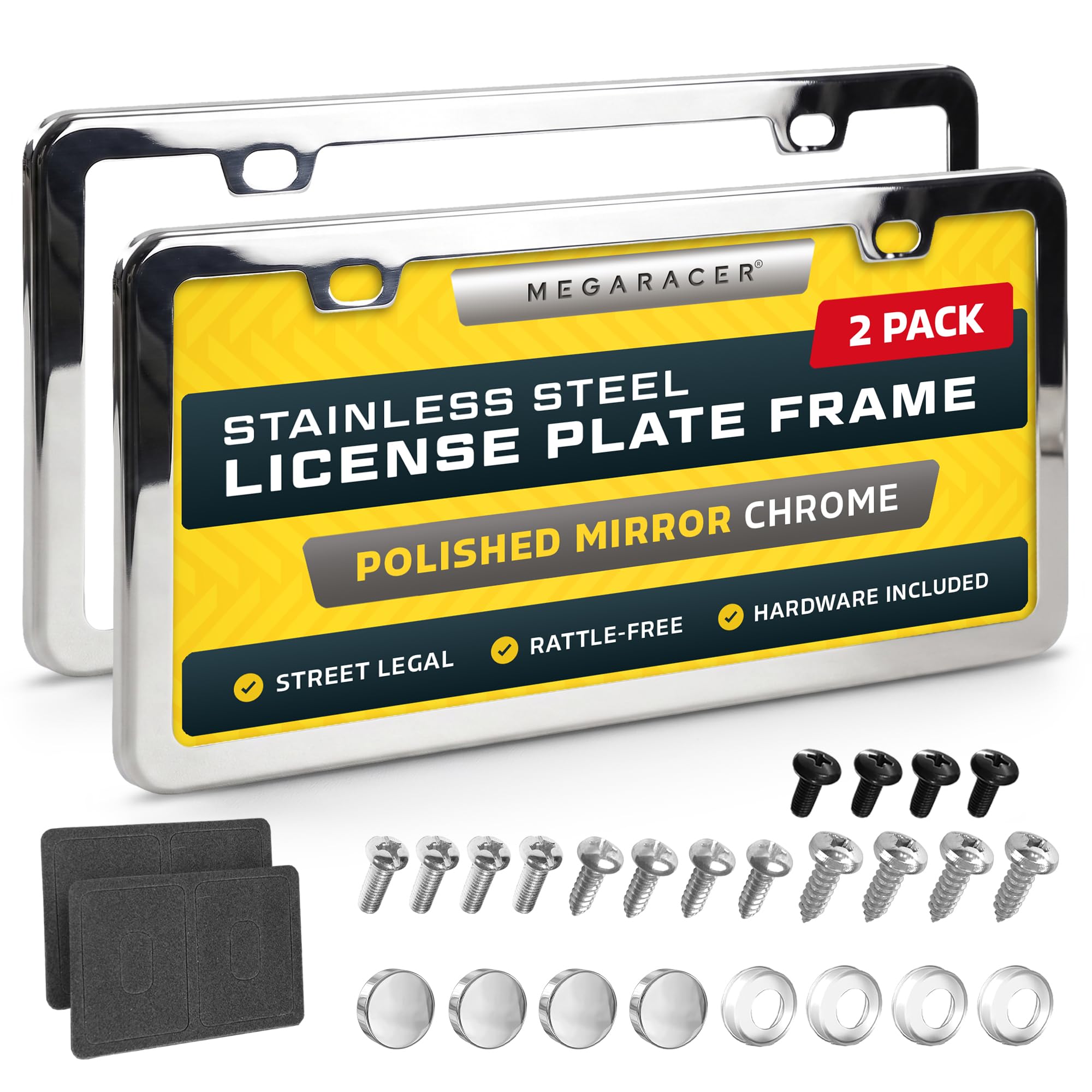 Polished Mirror Chrome Silver License Plate Frames, 2 Pack, Front &amp; Rear