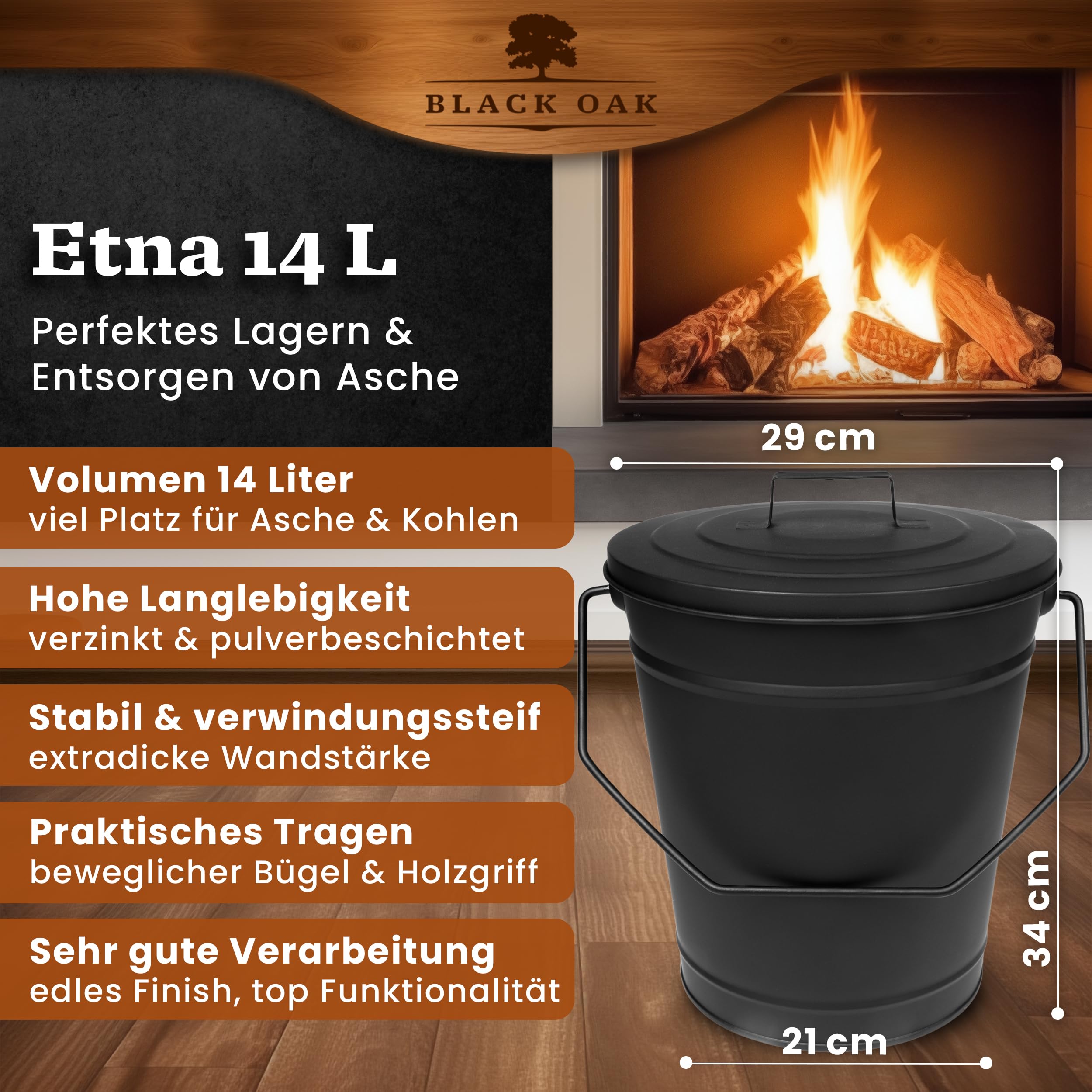 BLACK OAK Ascheeimer ETNA 14L – schwarz mit Deckel - groß 14 Liter - Stahl feuerfest verzinkt & pulverbeschichtet Asche & Kohle Eimer ideales Zubehör für Kamin Kachelofen Holzofen