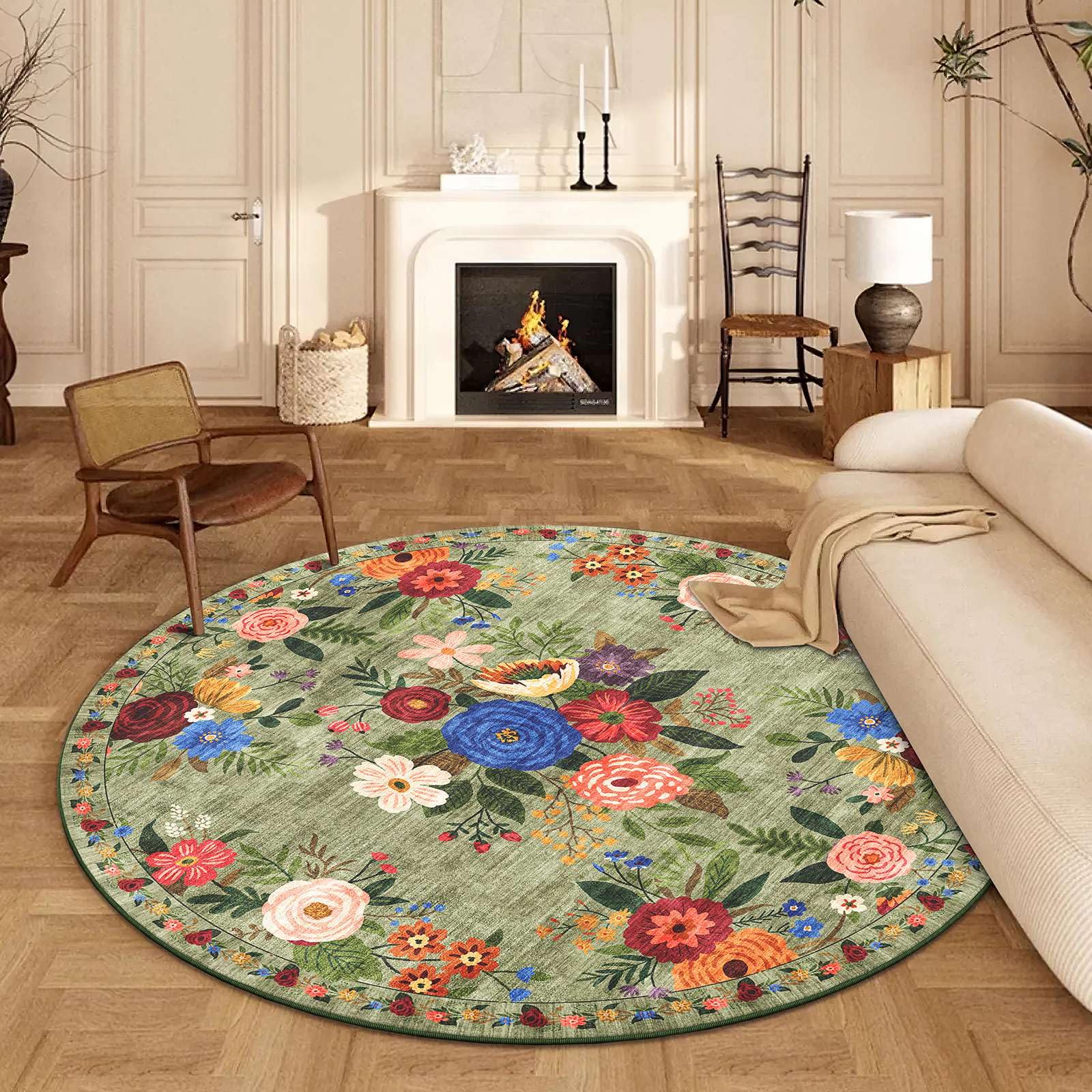 SHACOS Boho tapijt, rond, 120 cm, beige, wasbaar, antislip, laagpolig, woonkamertapijt, pluizig rond tapijt voor slaapkamer, kinderkamer, badkamer