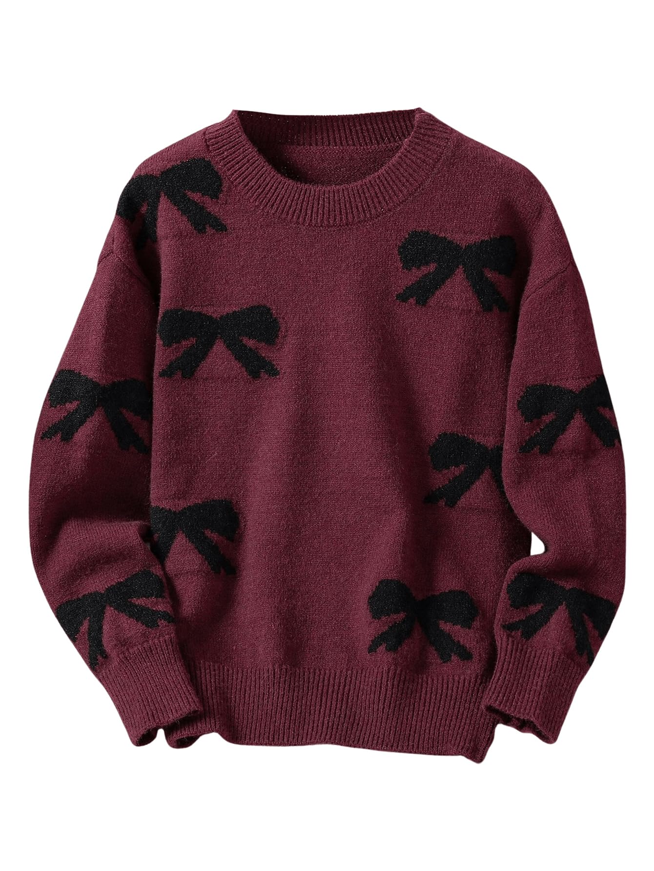 RoseSeek Girl's Bow Graphic Sweaters Long Sleeve Knit Tops Knitwear | Drop Shoulder, Crewneck, Pullover, Round Neck, Fall Outfits, Winter Clothes,
