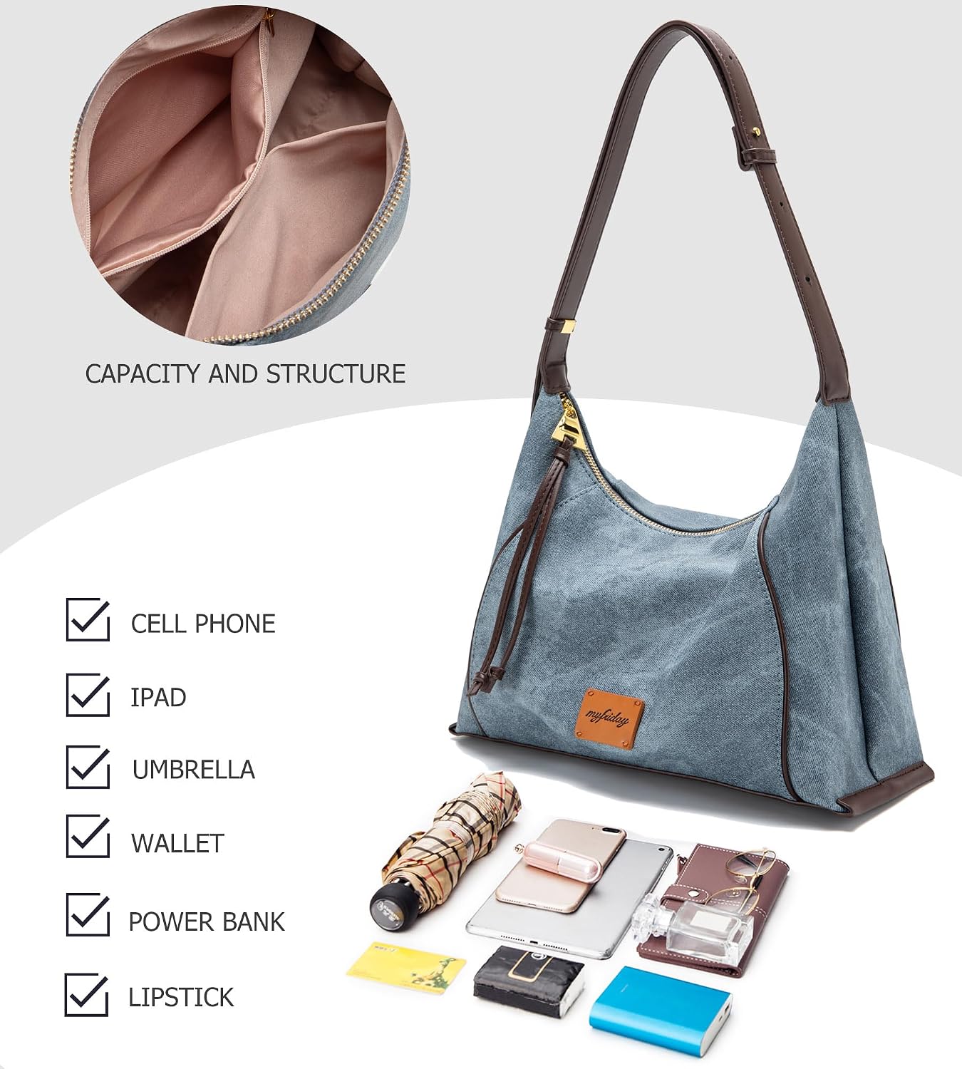 myfriday Women PU Hobo Crossbody Bag, Coin Purse, 2 Straps Shoulder Purse | Anti-scratch PU, center divider, zipper pocket and coin pouch organize cosmetics, wallet and phone for commute or dates
