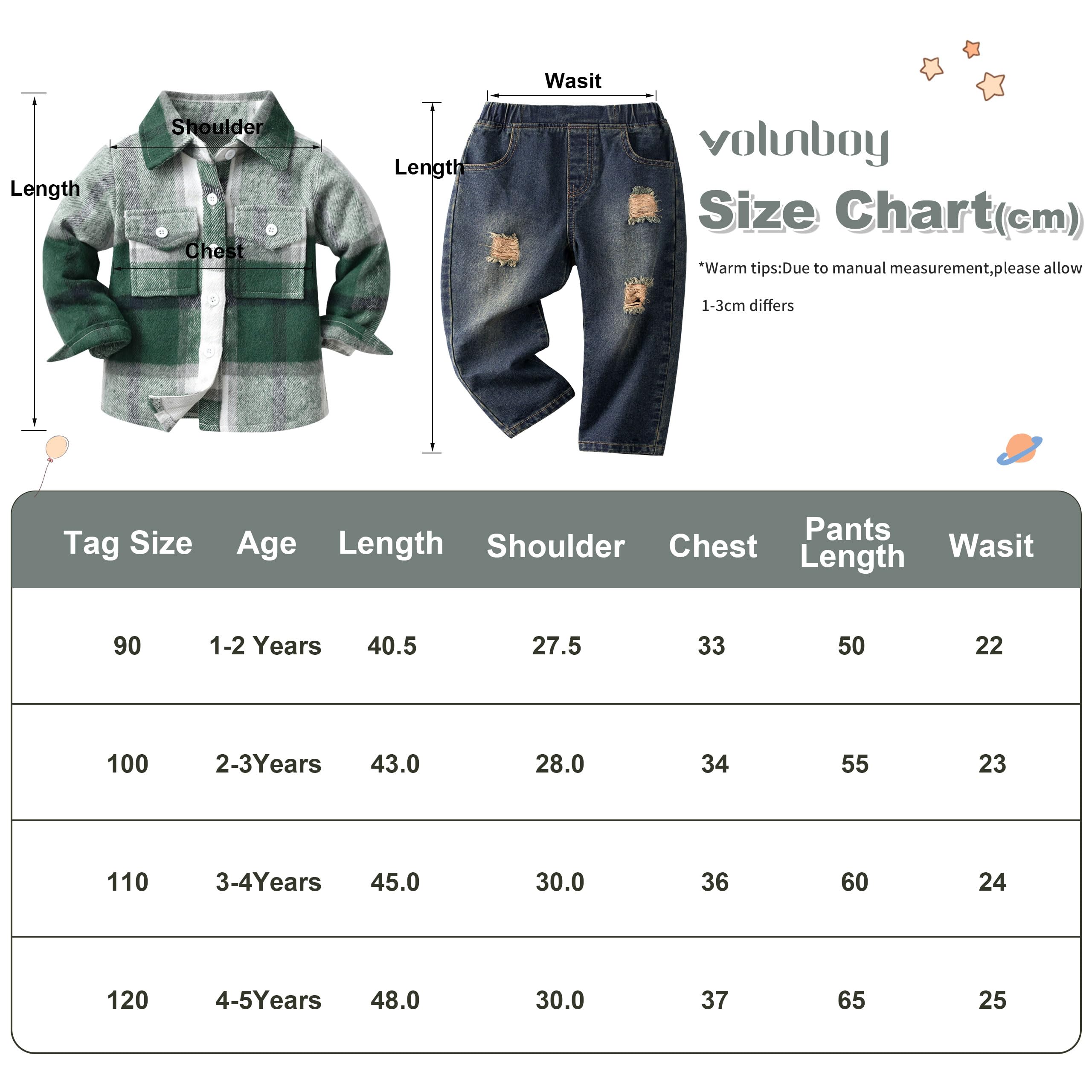 Volunboy 2 Pezzi Flanella Camicia Quadri+ Jeans Blu Strappati, Bambino Maschio Autunno Vestiti Completi Abiti Set