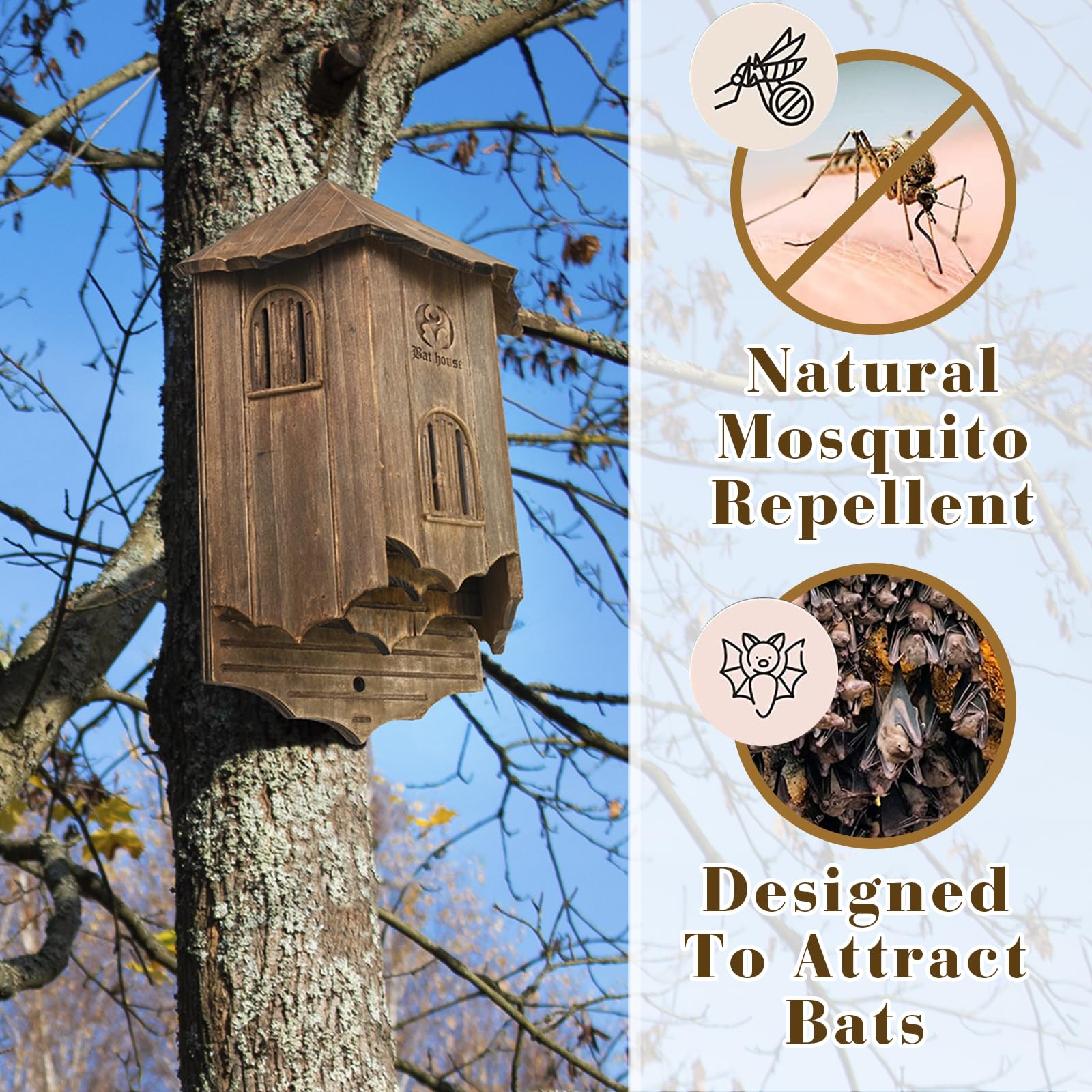 VIREESR Casas de madera para murciélagos de castillo para exteriores, cajas de murciélagos para exteriores, caja grande de tres cámaras perfectamente diseñada para atraer murciélagos, duraderas y