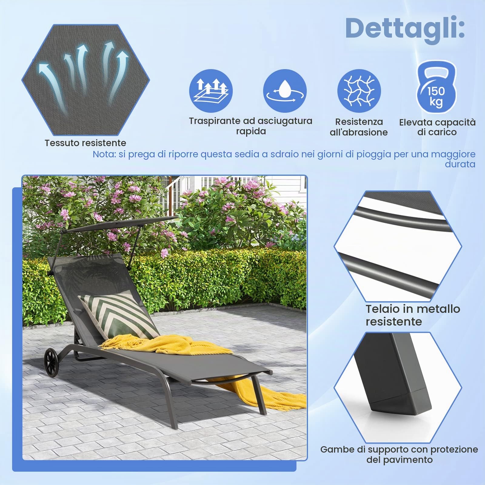 Giantex Lettino Pieghevole Prendisole, Sdraio Pieghevole con Schienale in 6 Posizioni, Chaise Longue Reclinabile con Ruote e Portabicchieri, Per Esterno, Giardino, Piscina e Spiaggia, Balcony