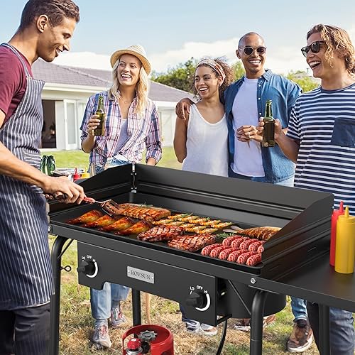 Miniatura 7 de ROVSUN Estufa de camping al aire libre de 2 quemadores con panel de viento y estantes, quemador de propano resistente y resistente, cocina de gas