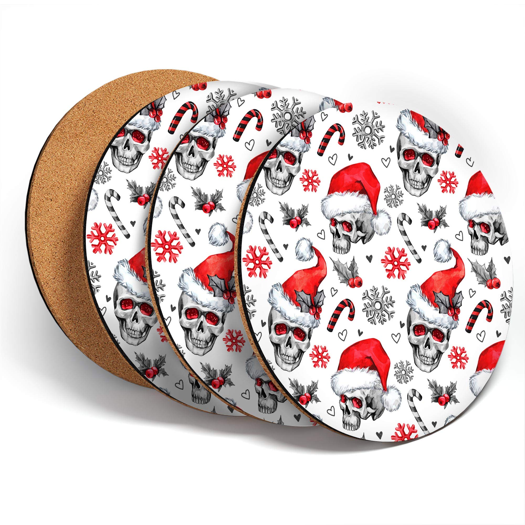 Destination Vinyl Ltd Multicolor Great Coasters (Set Of 4) Round - Christmas Santa Hat Skulls Goth Drink Glossy Coasters/Tabletop Protection For Any Table Type #44607