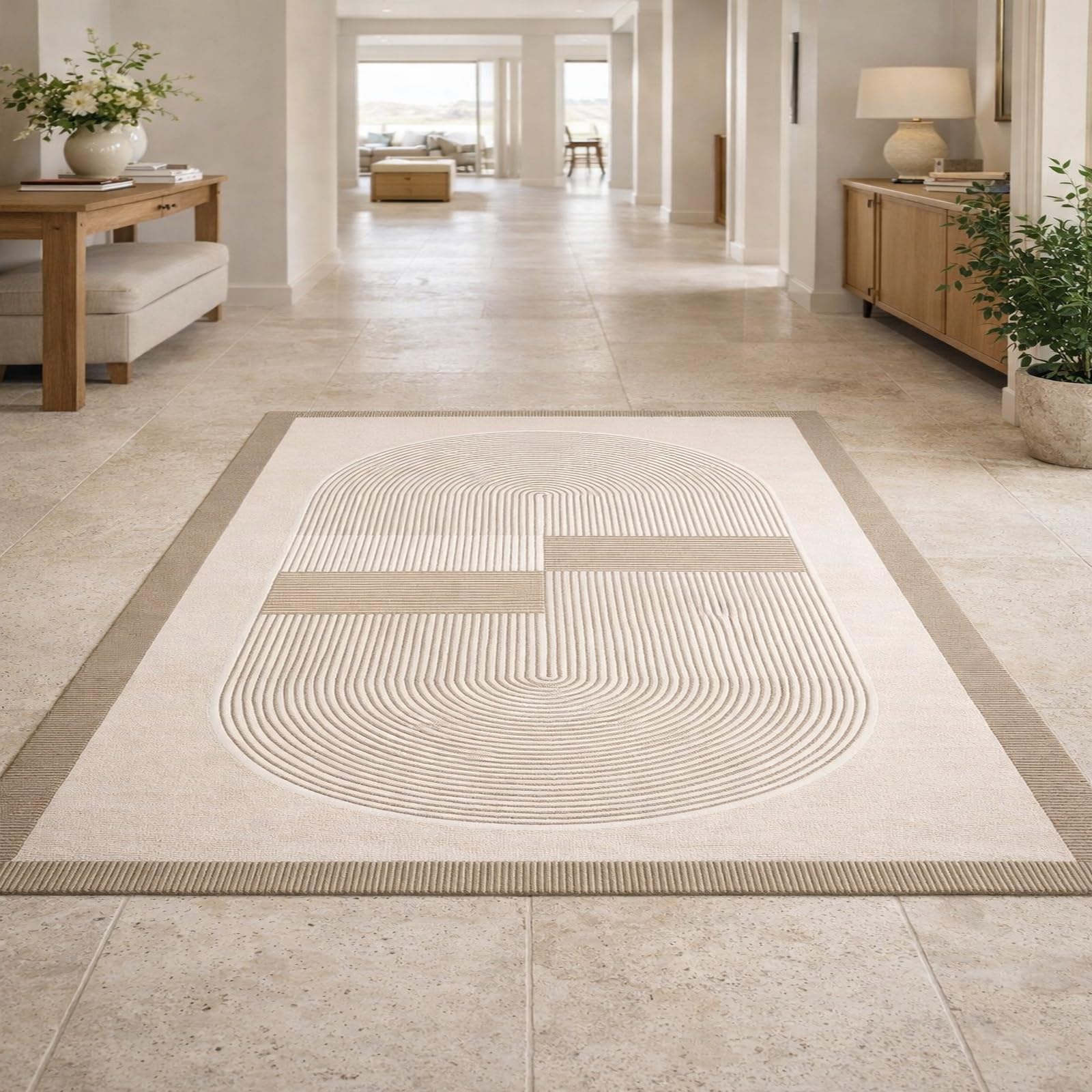 Tapis de décoration 200x250 cm géométrique beige et marron grand salon