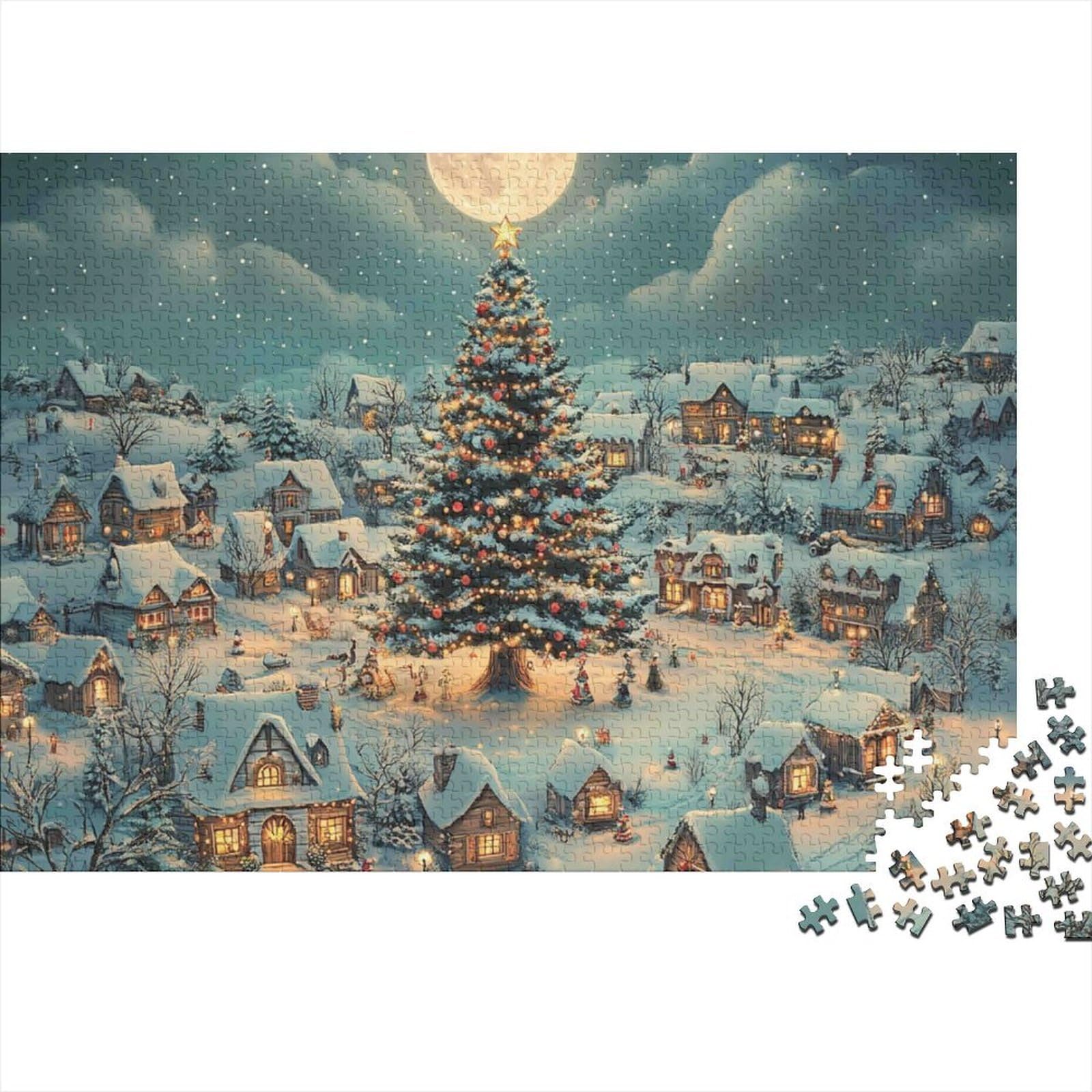 Christmas Tree Village 1000 Piece Jigsaw Puzzle Paper for Adults Winter Night Scene Focus Home Decor Gift 38x26cm/1000pcs