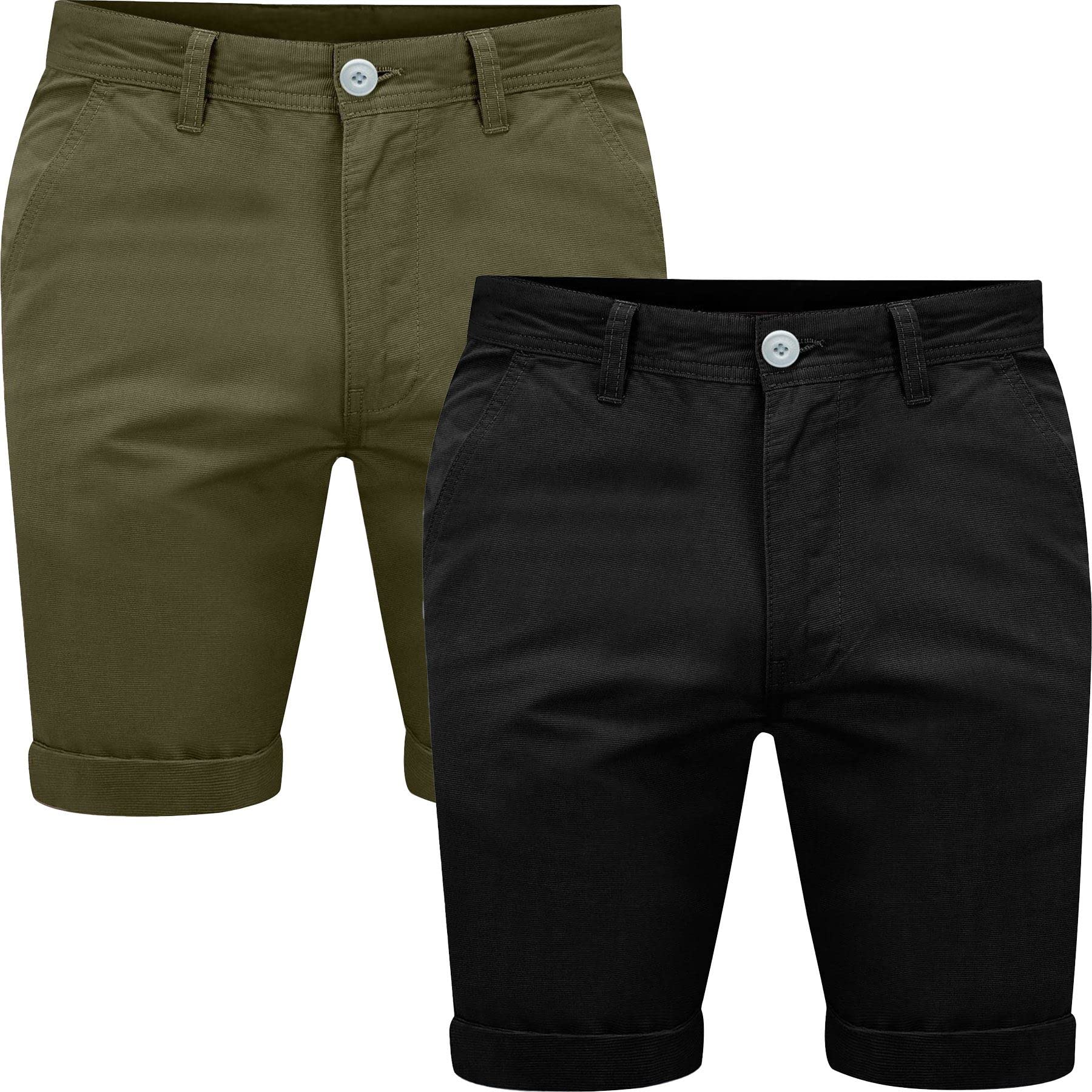 Westace Men's Black & Olive Shorts Pack Of 2 Chino Shorts Cotton Casual Summer Cargo Combat Jeans, 34W