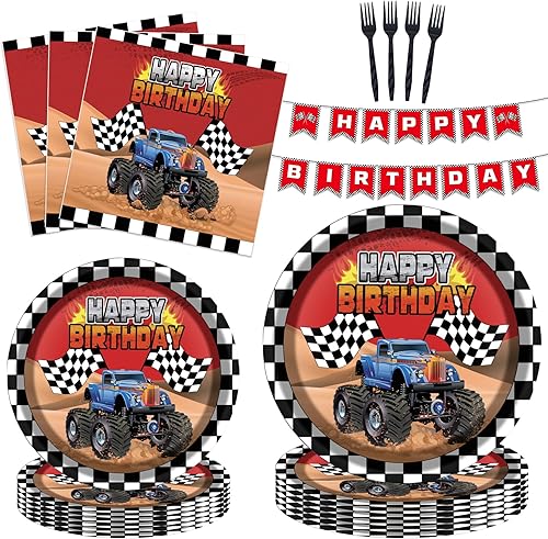 97 piezas de suministros de fiesta de camiones monstruo, para fiestas de cumpleaños de niños, decoración de fiestas de baby shower, sirve para 24