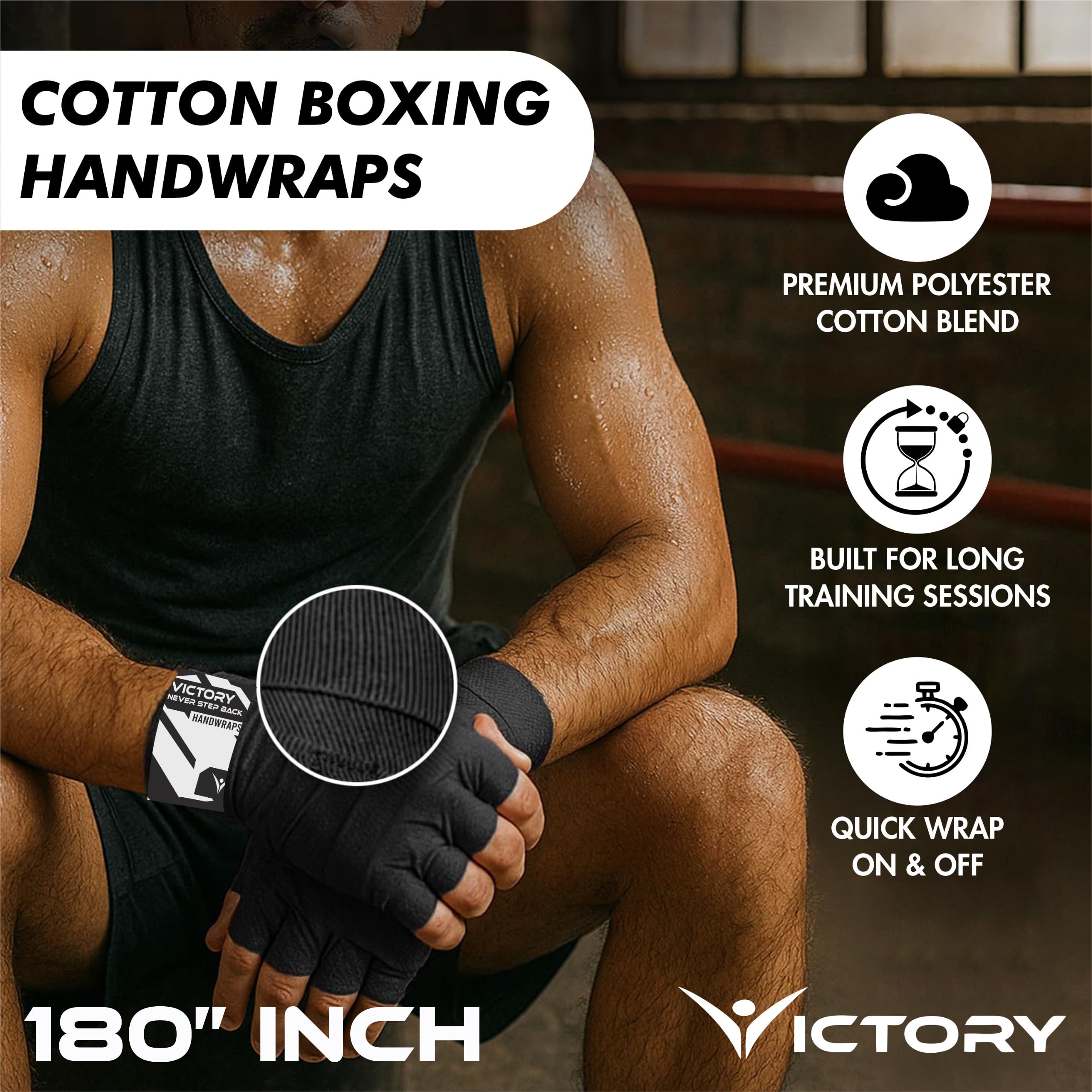VICTORY Professional Boxing Wrap for Men Hand Wrap for Boxing Punching Hand Wraps Wrist Supporter for Gym Boxing Bandage for MMA and Martial Arts (180 inch, Black) (Black, 181 Inch)