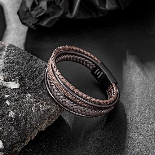Miniatura 5 de Speroto Pulsera ajustable de cuero para hombre con cierre de acero inoxidable, multicapa trenzada de cuero genuino para hombres y mujeres