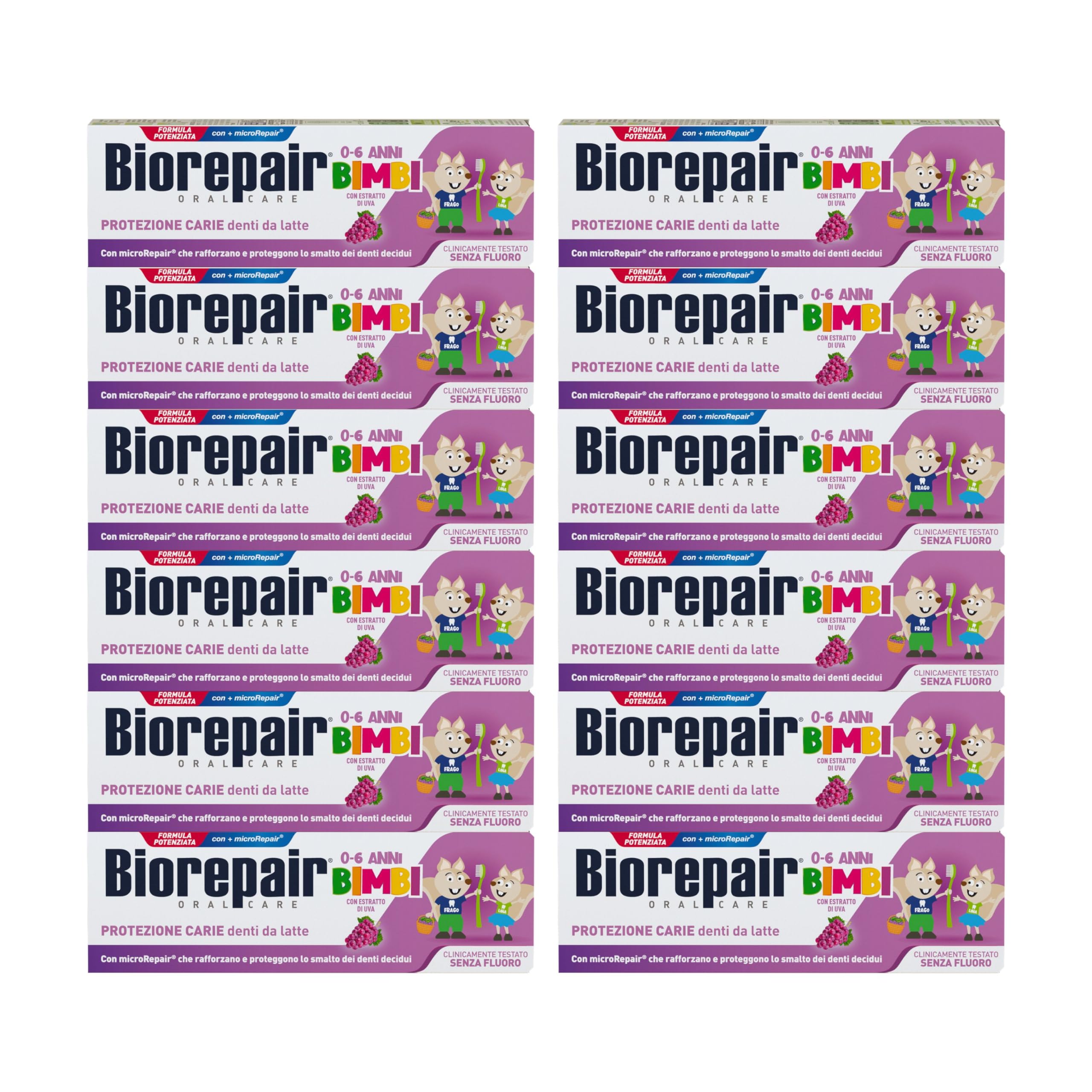 Biorepair Bimbi, Dentifricio Protezione Carie, Bambini 0-6 Anni, Con Estratto di Uva, Con MicroRepair, Clinicamente Testato, Senza Fluoro e Coloranti,12x50ml