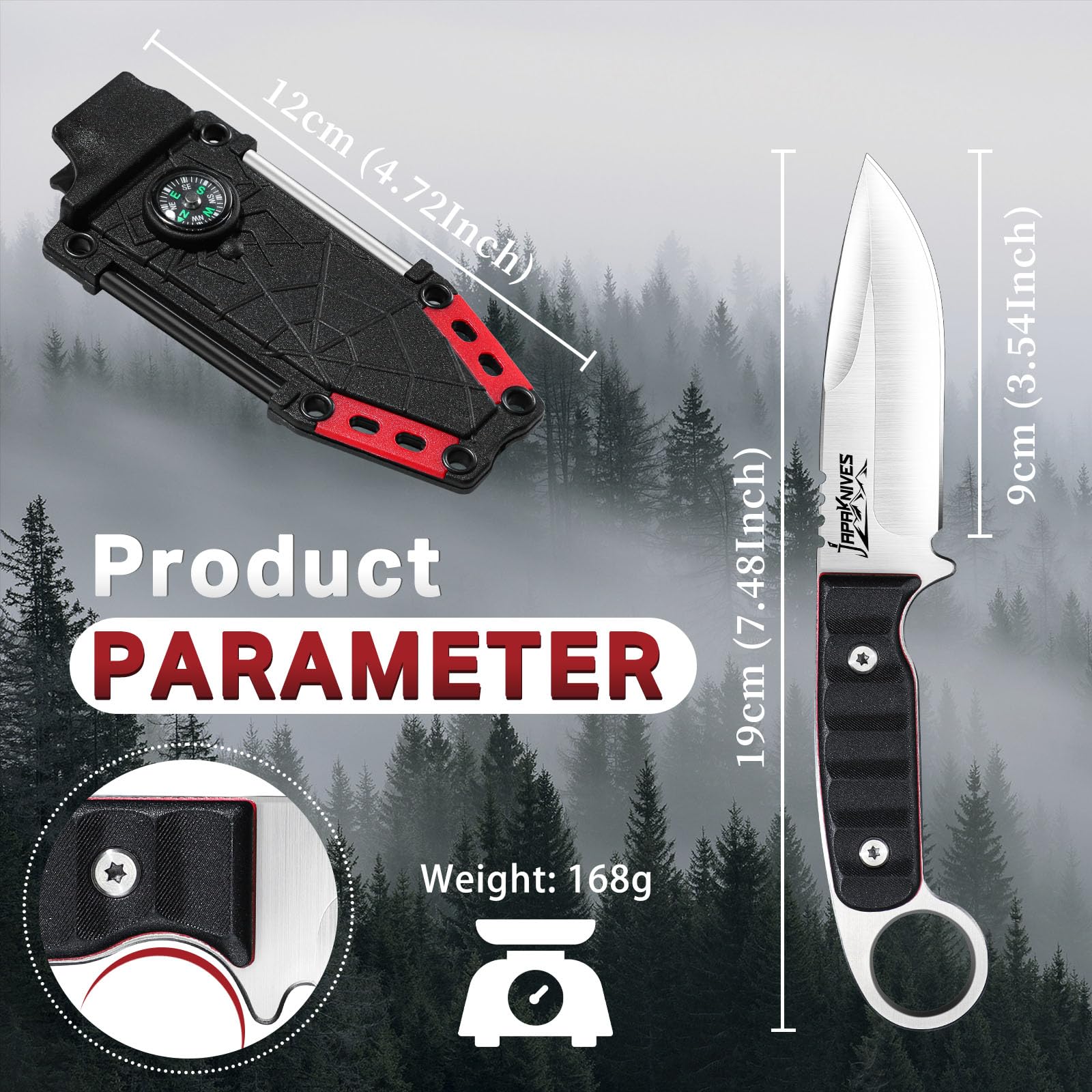 Japaknives Cuchillo para exteriores pequeño, hoja fija de 9 cm, G10, Negro | Cuchillo versátil con vaina y espiga completa para acampada, un regalo para hombres