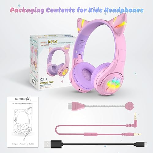 Miniatura 7 de Riwbox CF9 - Auriculares Bluetooth para niños con luz LED, límite de volumen seguro de 85 dB, micrófono integrado y micrófono Boom para llamadas,
