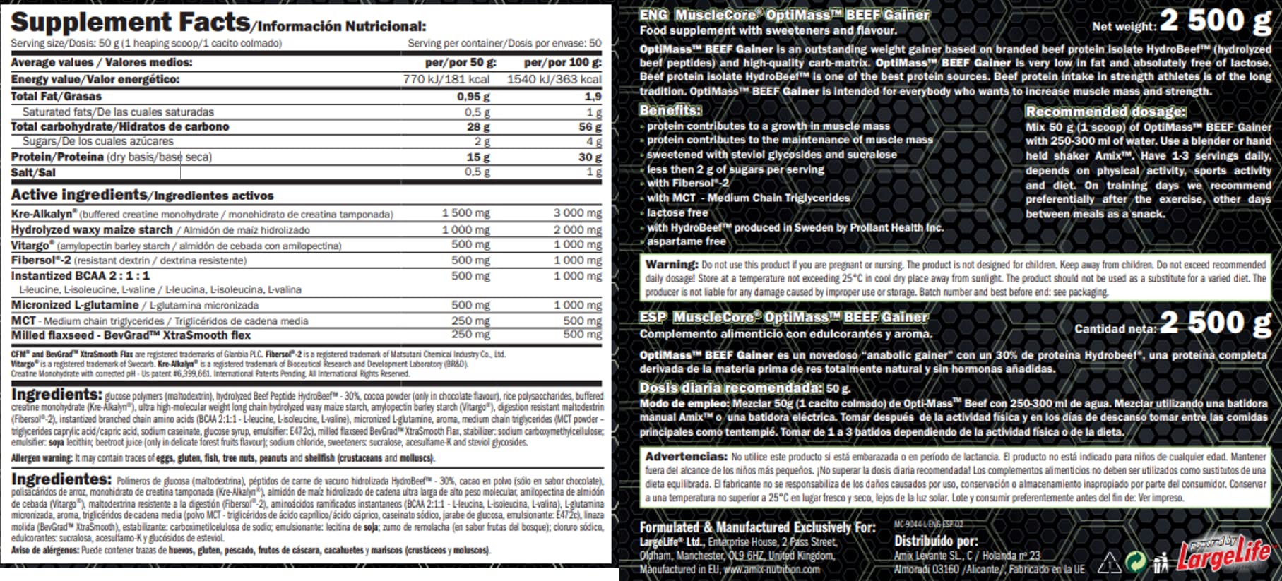 Amix - Complemento Alimenticio en Polvo - Optimass Beef Gainer en 2.5 kg - Carbohidratos de Rápida Absorción - Proteínas de Carne de Vacuno - Sabor Frutas del Bosque