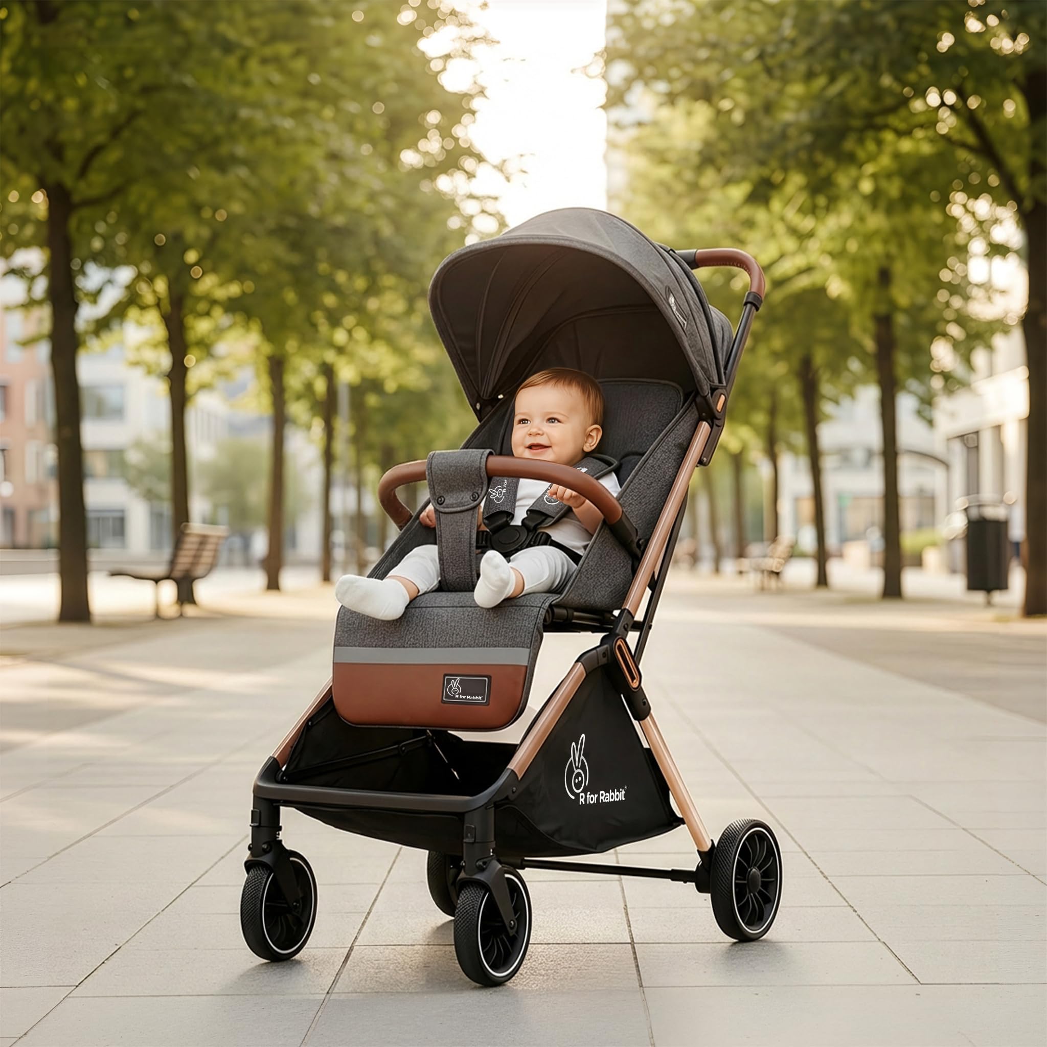 R for Rabbit Street Smart Auto Fold Stylish Newborn Baby Stroller| Aluminum Frame Pram with One Click Fold |Travel Friendly Cabin Trolley Stroller for 0-3 Years for Boy & Girl (Ash Grey)