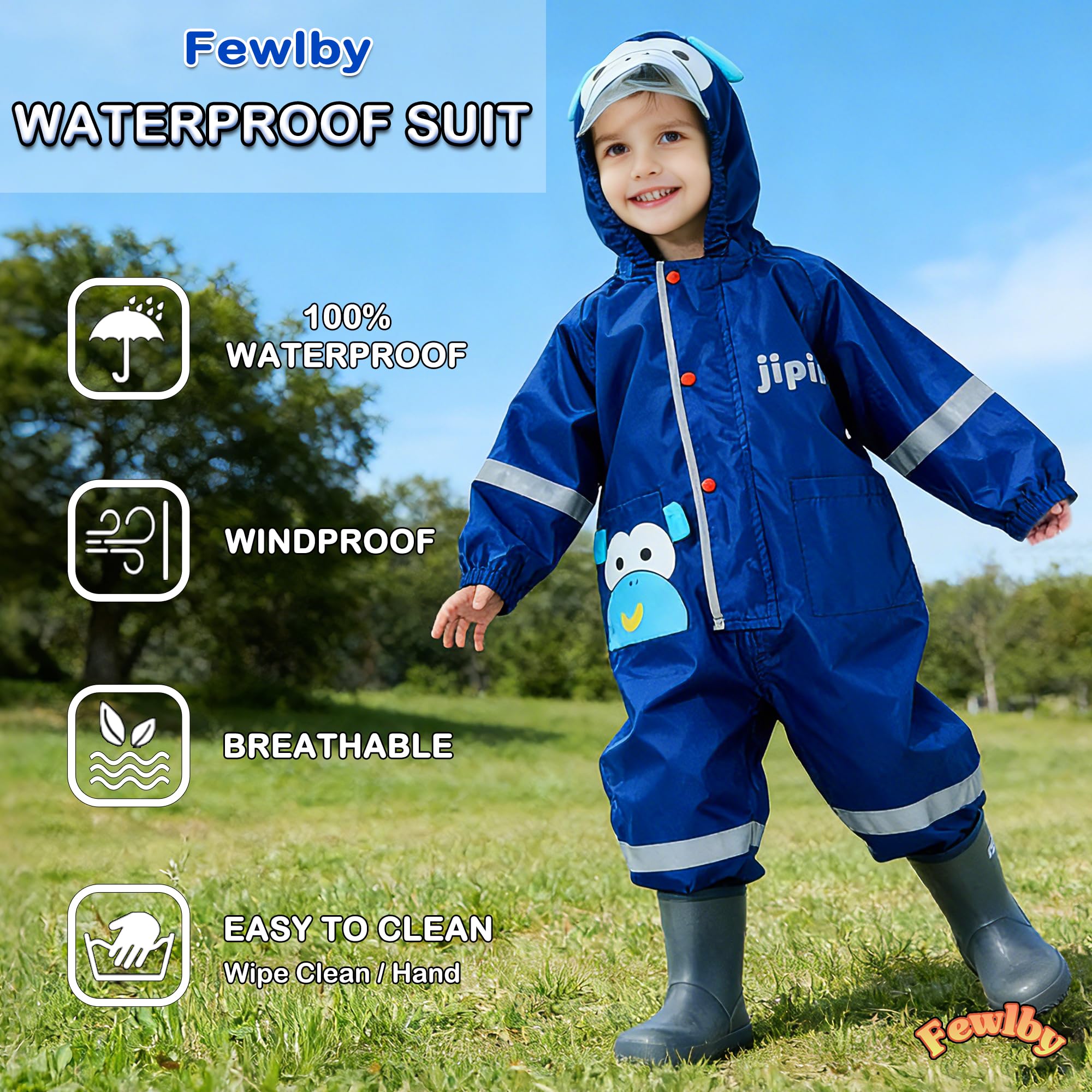 Combinaison de Pluie Enfant, Imperméable Garçon Fille Manteau de Pluie Veste à Capuche Poncho Léger Animal Imprimé Rayure Réfléchissante Outdoor Imperméables 1-10 Ans