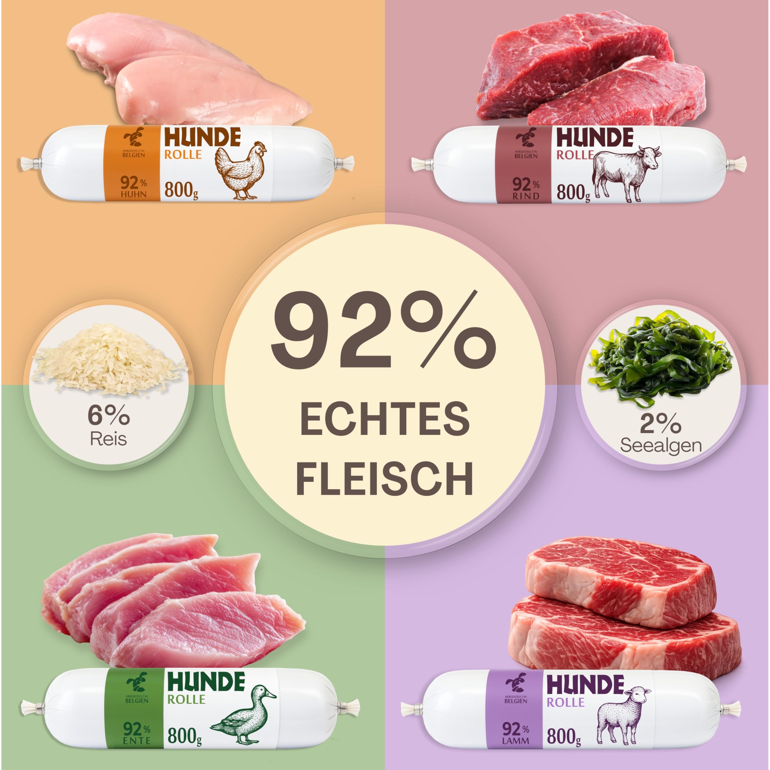Mix Hundewurst schnittfest – 1 x Huhn, 1 x Ente, 1 x Lamm, 1 x Rind – Hunde-Rolle 4 x 800g (3,2kg) – getreidefreies Hundefutter mit hohem Fleischanteil – Nassfutter