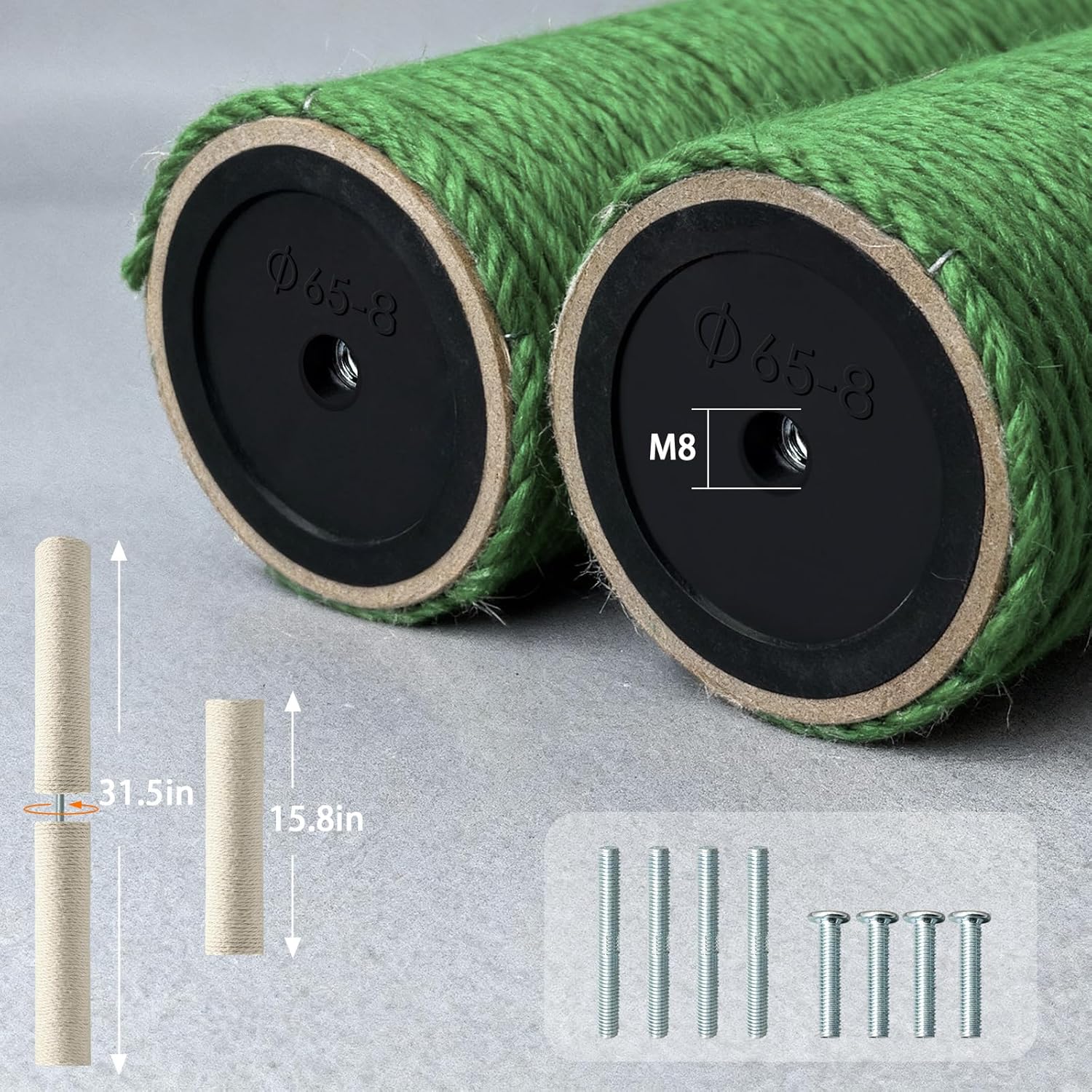 4 Pack Cat Scratching Post Replacement, 15.7 x 3.1 Inch Sisal Poles with M8 Screws, Refill Parts for Indoor Cat Towers and Furniture Repair-Green