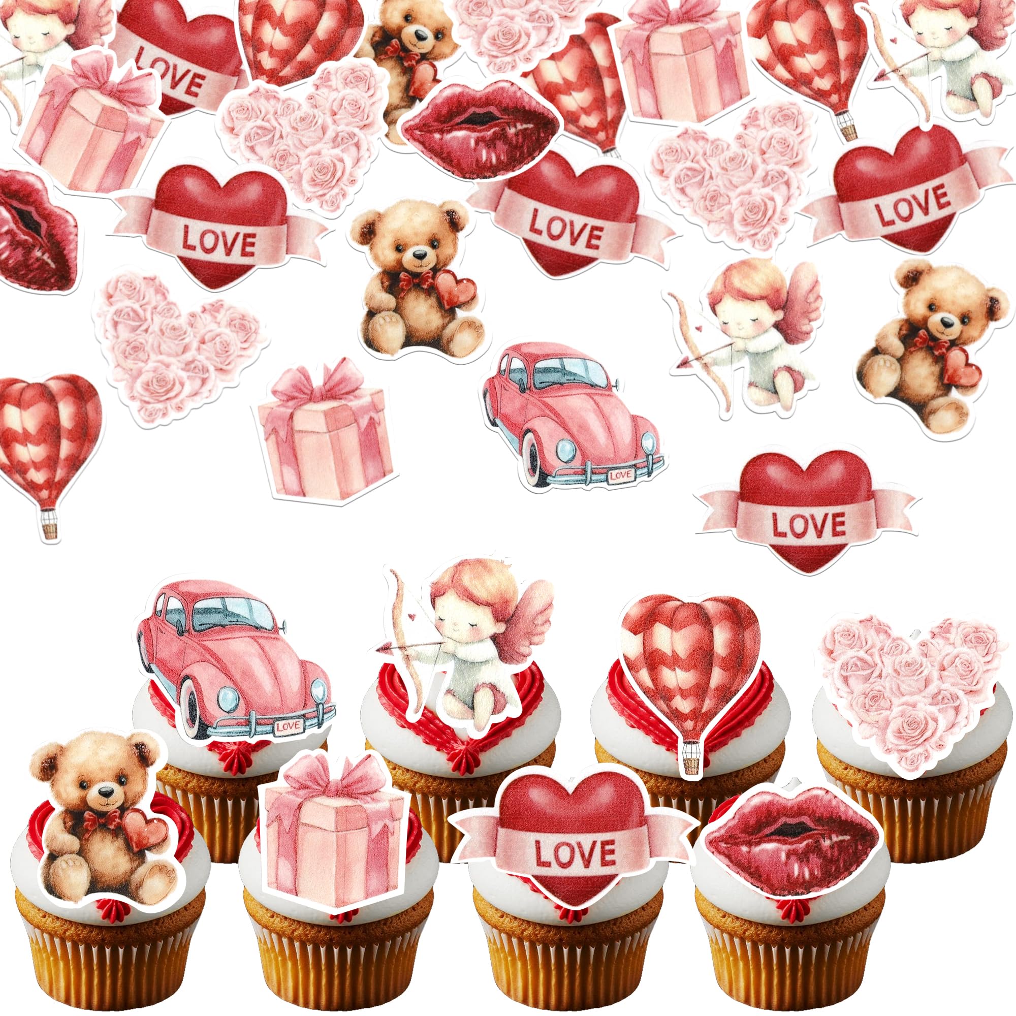 56 Pack Edible Happy Valentines Day Cupcake Toppers Sweet Love Gift Cupcake Picks Love You Valentine's Day Cake Decorations for Happy Valentine's Day