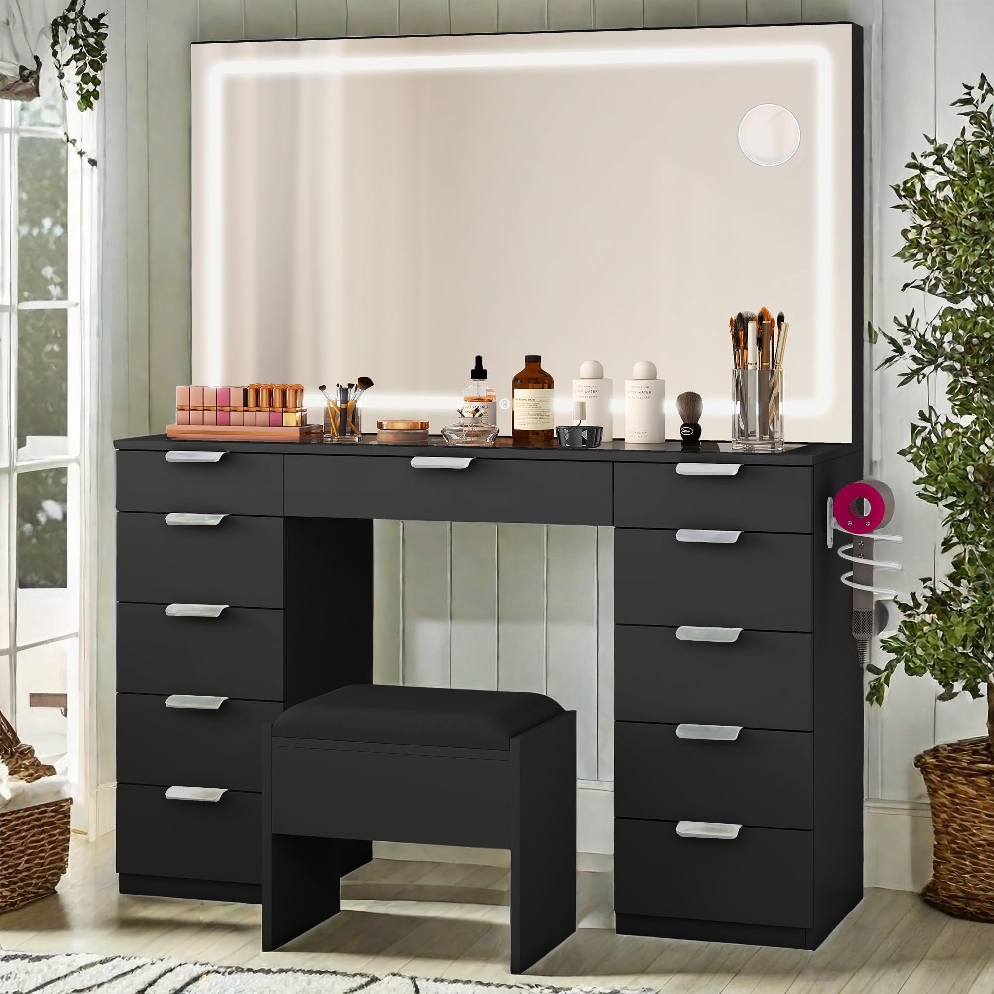 YITAHOME Makeup Vanity with Large LED Mirror, Charging Station, 11 Drawers, Vanity Desk with Tempered Glass Top, Storage Bench, 3-Color Adjustable Lighting