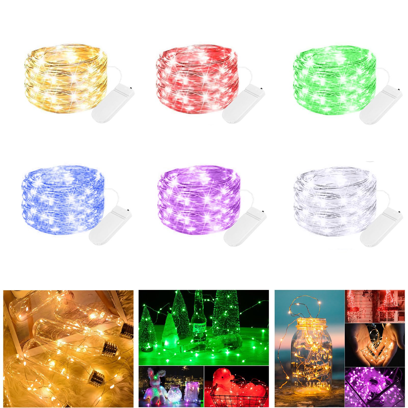 Brightown6 Pack Led Fairy Lights Battery Operated, 2m 20 LED Copper Wire Battery String Lights, Warm White Fairy Lights Indoor for Bedroom Wedding Jars Bottle Decorations (Multi-Colored)