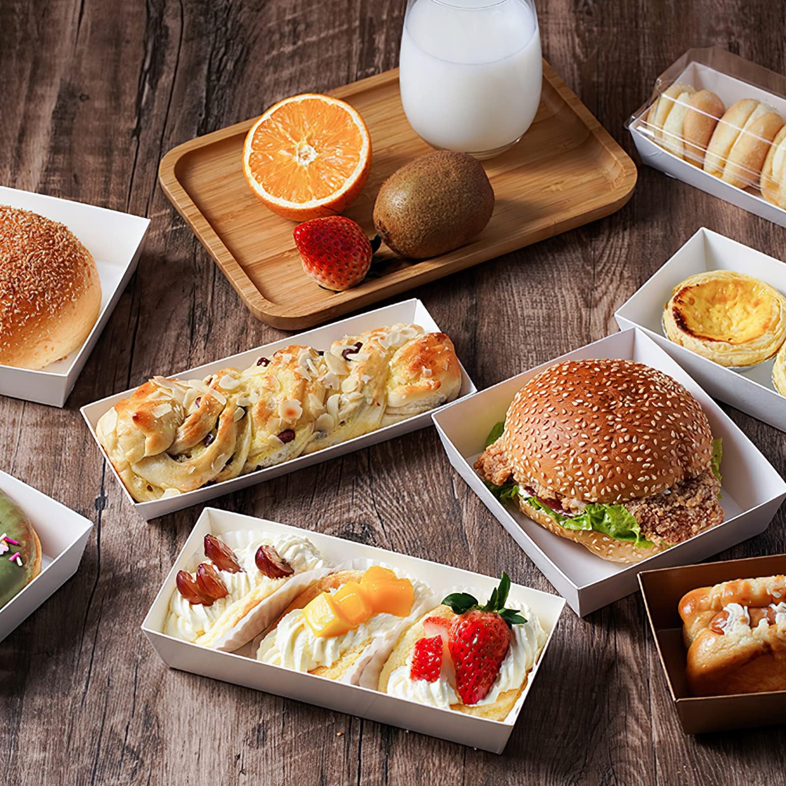 ZORRITA Confezione da 100 scatole di carta con coperchi trasparenti, scatole per sandwich usa e getta rettangolari per alimenti da forno, dolci, fragole, fette di torta e biscotti (marrone)
