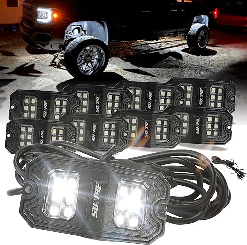SUNPIE 8 vainas de luces de roca blanca pura gran angular 6000K con cables de extensión de 13.1 ft para remolque, camión, automóvil, ATV, UTV, SUV,