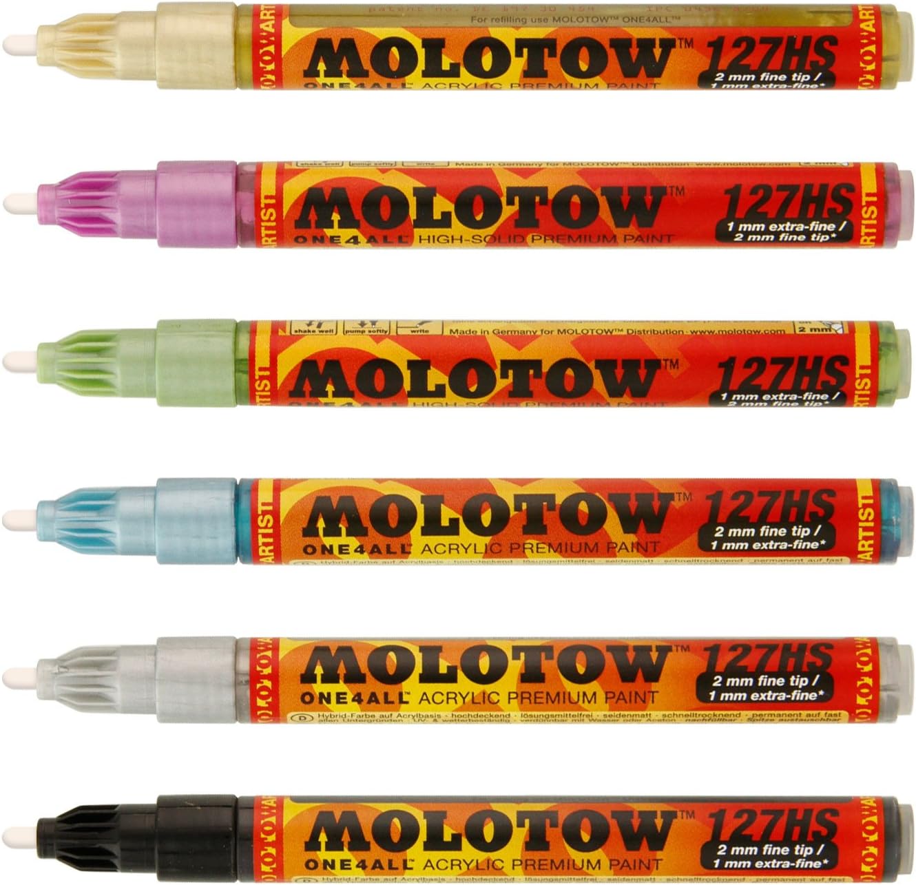 Molotow 6 ONE4ALL METALLIC Acrylic Premium Paint MARKER KIT 127HS 2MM Colors Tip