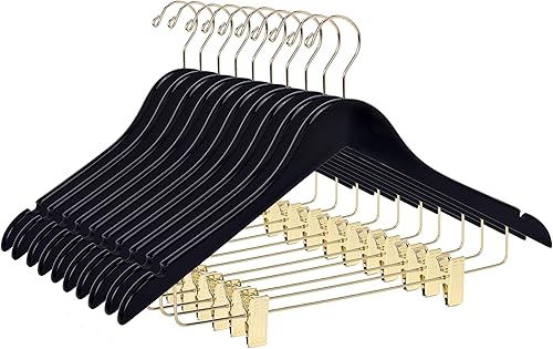 Perchas de madera de calidad para faldas con clips, paquete de 10 perchas lisas de madera maciza para pantalones con clips de metal ajustables y