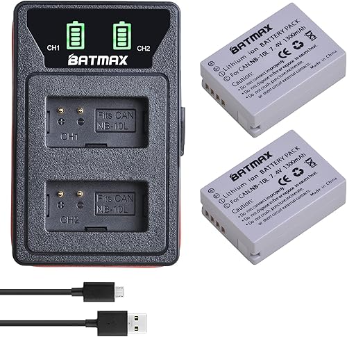 Batmax Paquete de 2 baterías NB-10L de alta capacidad (1300 mAh) + cargador USB doble integrado para batería Canon NB-10L cámaras digitales Canon