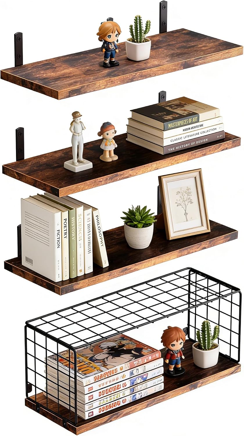 Floating Shelves with Wire Storage Basket, Over Toilet Bathroom Shelves with Metal Guardrail, Wood Wall Shelves for Bathroom, Bedroom, Kitchen - Dark Brown