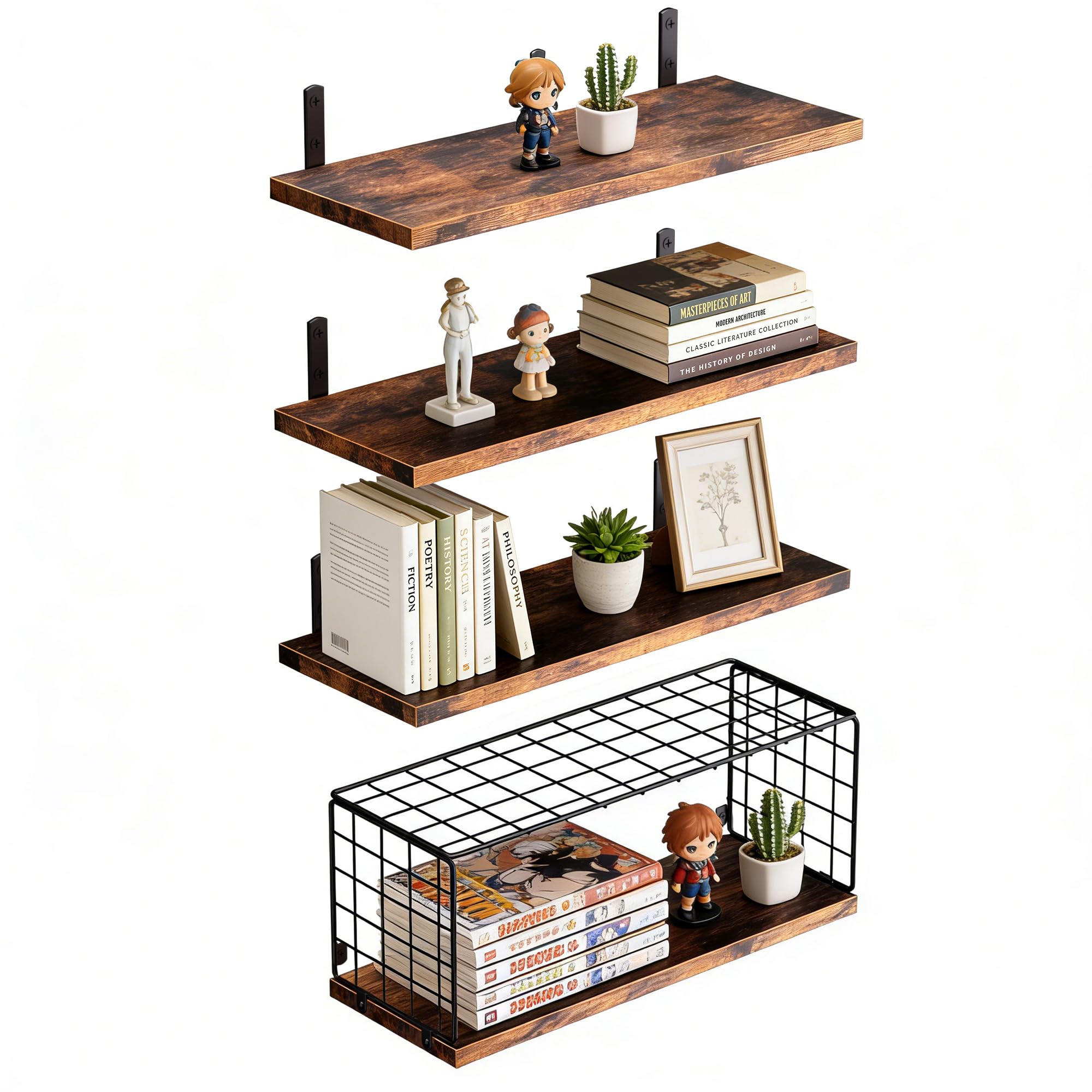 ASIFMTHOT Floating Shelves with Wire Storage Basket, Over Toilet Bathroom Shelves with Metal Guardrail, Wood Wall Shelves for Bathroom, Bedroom, Kitchen - Dark Brown