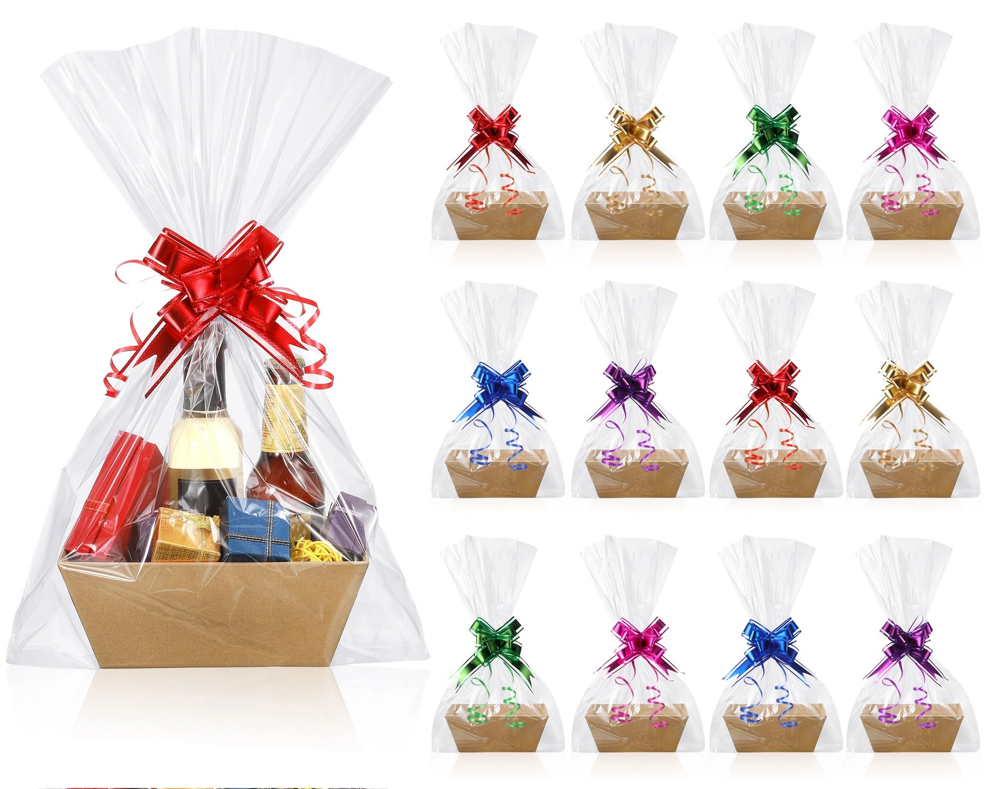 Set di 50 cesti vuoti per regali, 20 x 15 x 7 cm, in carta kraft con manici, 18 sacchetti e 20 fiocchi multicolori per confezioni regalo di compleanno di nozze