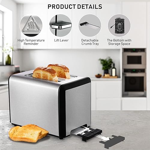 Miniatura 7 de Tostadora de 2 rebanadas, tostadora de acero inoxidable de ranura ancha con 6 niveles de tostado, recalentar y descongelar, para bagel, tostadas,