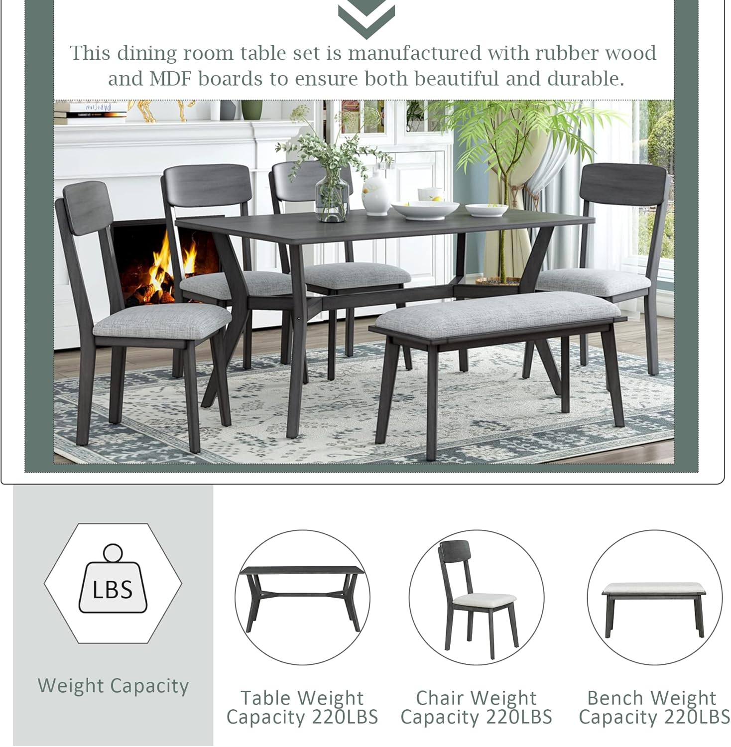 Buy MidCentury 6 Piece Dining Table Set with 4 Upholstered Chairs and