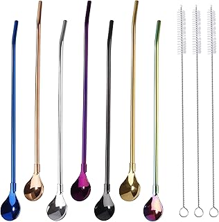 Cuillère à Paille Réutilisable Acier Inoxydable Remuer Cuillère 2 en 1 Pailles Cuillère en Métal Parfait pour Smoothies Laits Frappés Cocktail Café avec 3 Brosses de Nettoyage 7 Pièces (Multicolore)