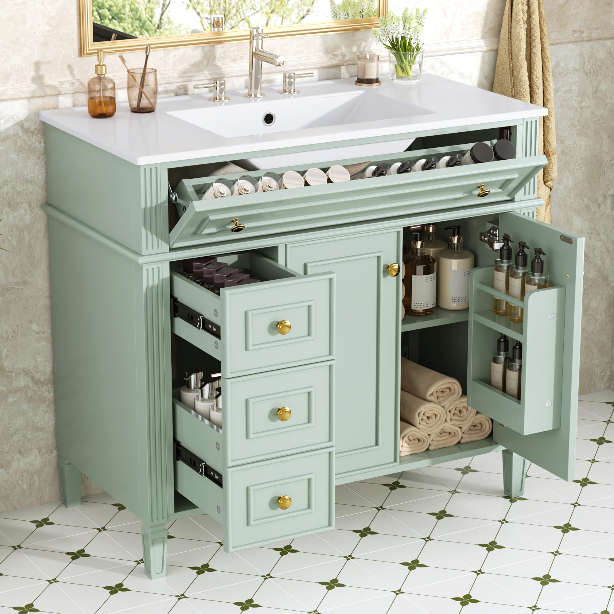 Photo 1 of 36" Bathroom Vanity Cabinet with Ceramic Countertop Sink Combo Set, Solid Wood Frame, Tilt-Out Drawers and Left Side Drawers, Soft Closing Door Hinges, Modern Style, Green---comes with 2 boxes 