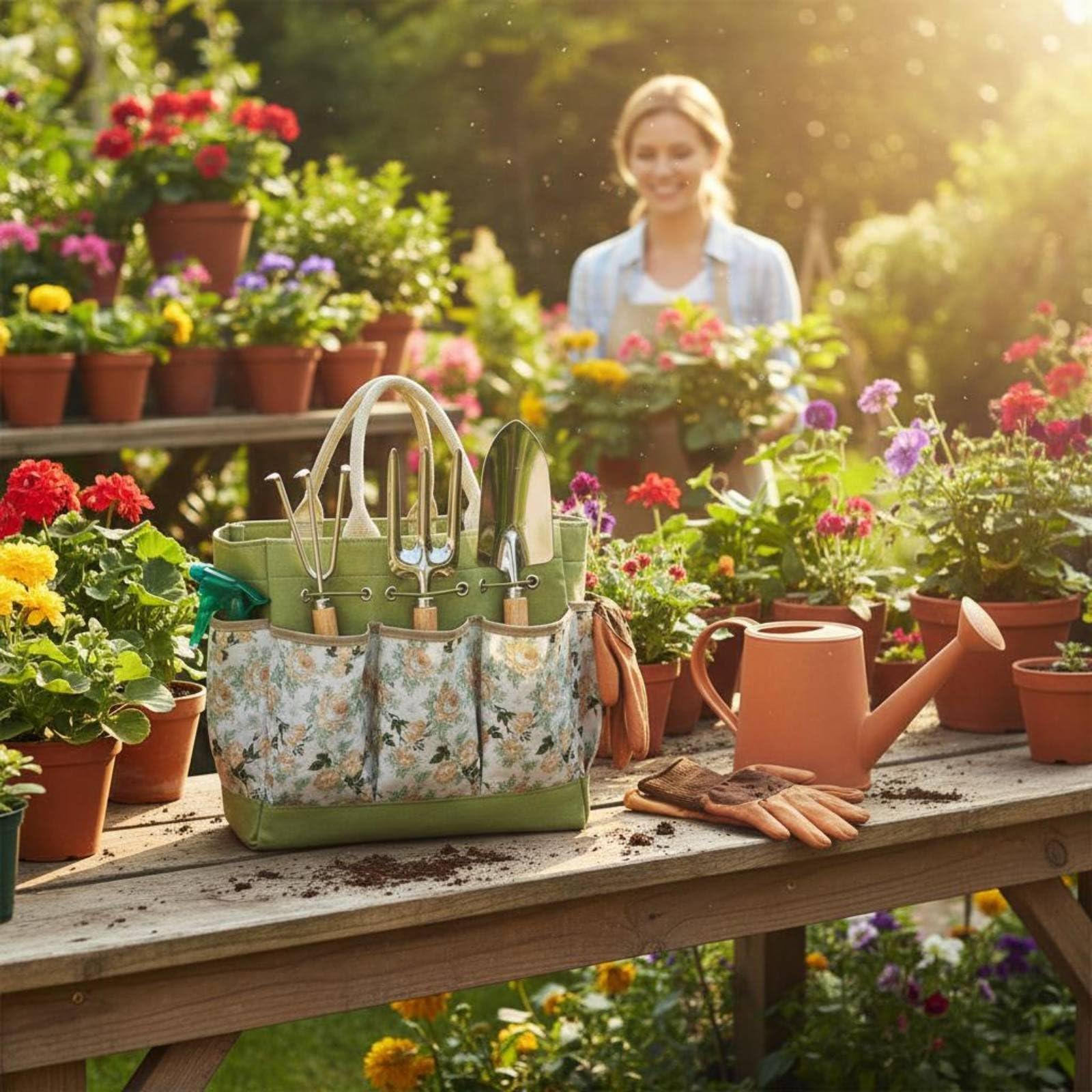 Gartengeräte Set Gartenwerkzeug Handwerkzeug Ausplantierer Blumenkelle Hacke Holzgriff Ermüdungsarm Tragbar mit Tragegriffen für Gemüsebeet Blumenrabatte, Stainless Steel 9PCS