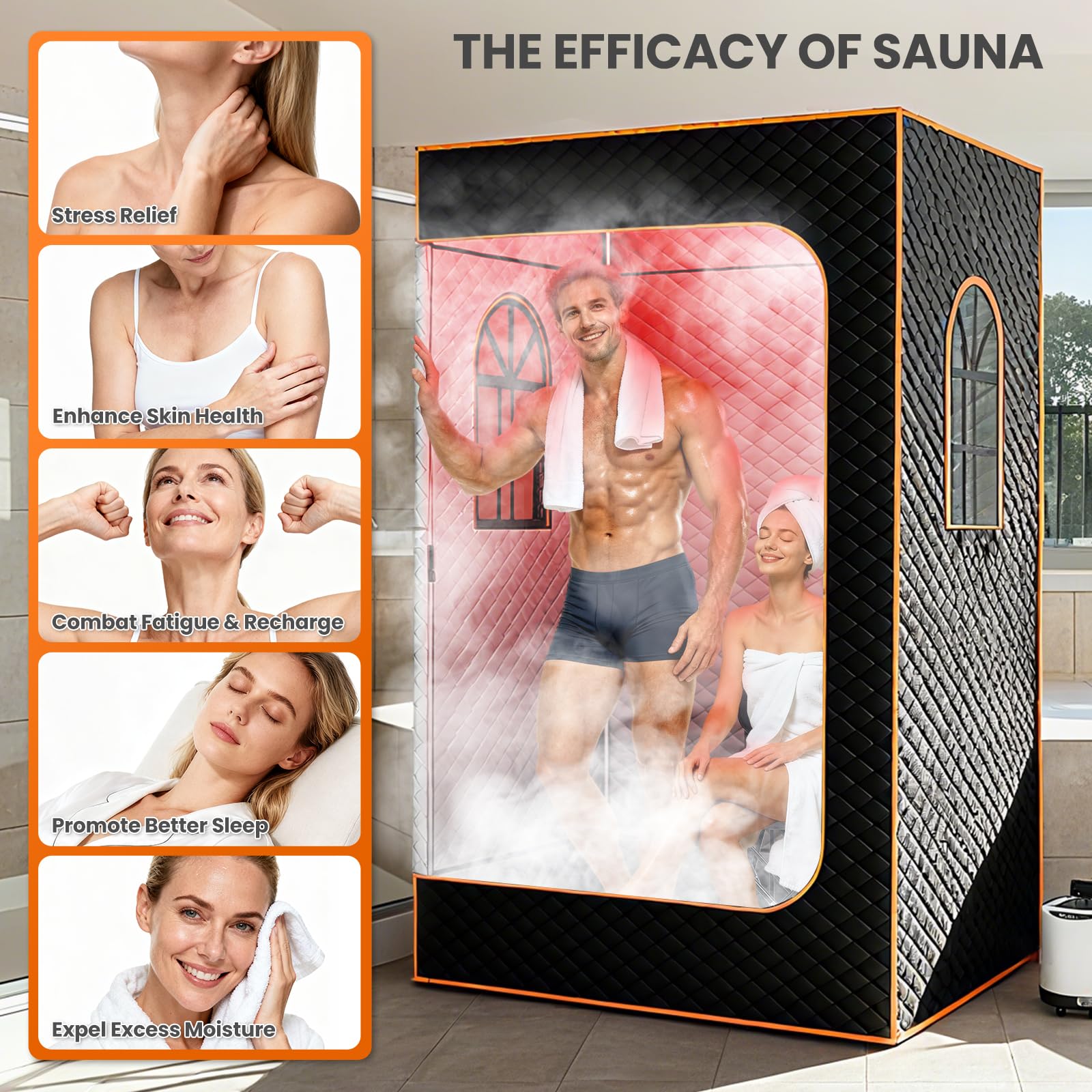 Infrarotsauna, 15 Min Schnellaufheizung Dampfsauna FüR Zuhause, 9 Einstellbare Temperaturstufen, Timer-Aufheizung, Portable Sauna Beinhaltet 3l Dampfgarer, Klappstuhl, Bodenmatte, Fernbedienung