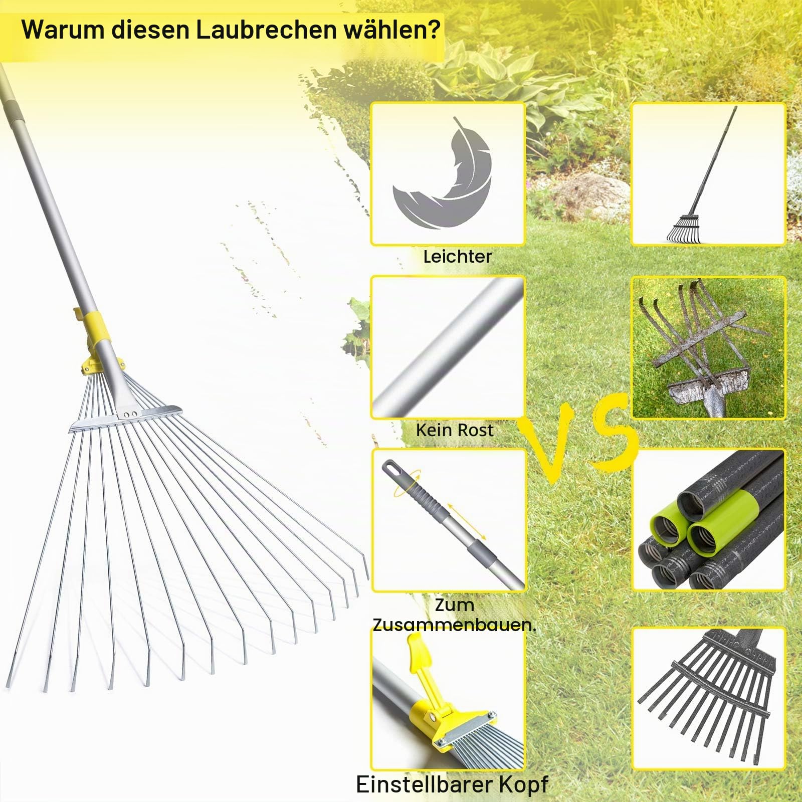 Jardineer Laubrechen mit Stiel, Gartenrechen mit verstellbarem Kopf 18-59cm, Laubharke Metall für Rasenflächen, Laubbesen, Fächerbesen Rasenrechen zum Kehren von Laub, Kiefernnadeln