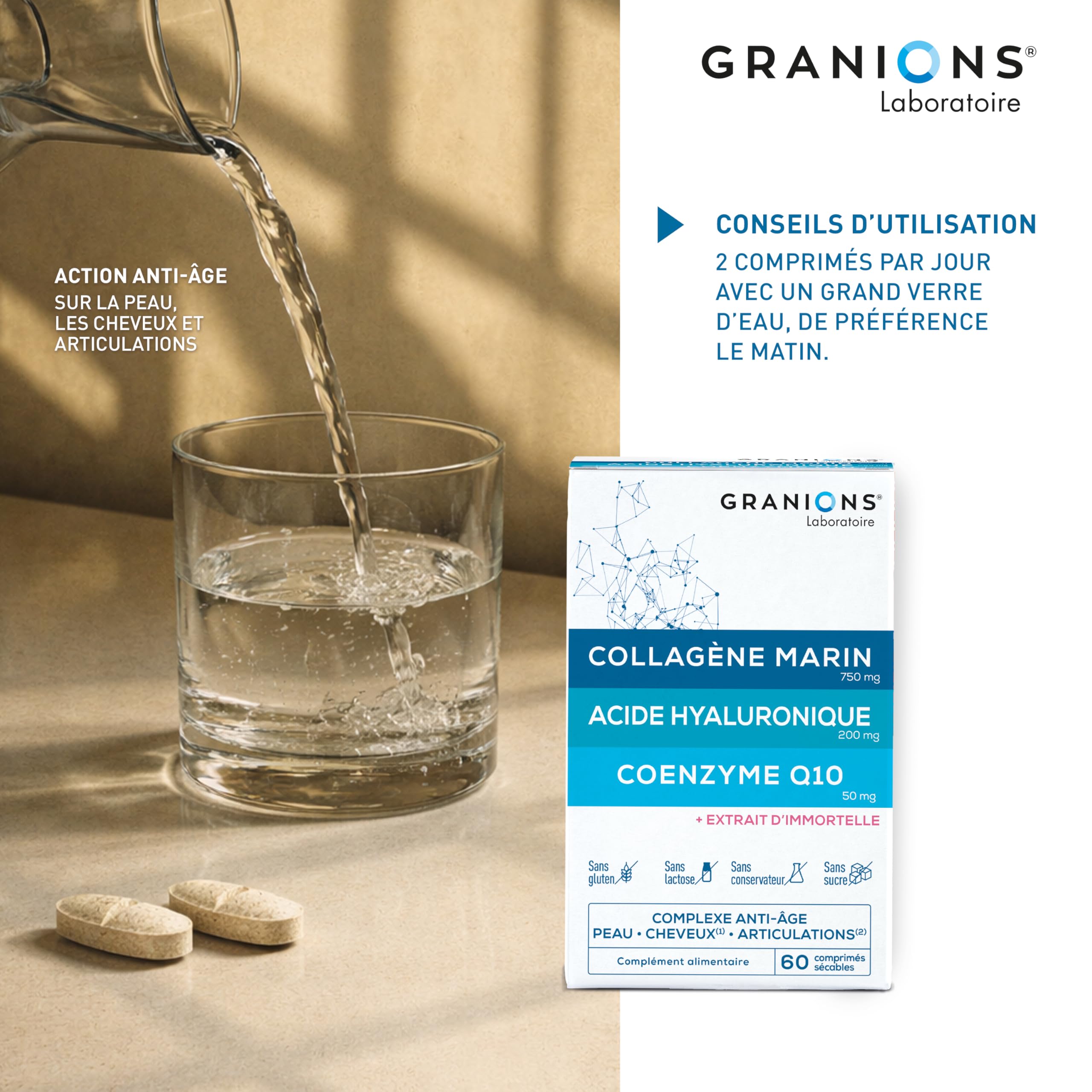 GRANIONS Coffret IN & OUT – Collagene Marin & Acide Hyaluronique – Complement alimentaire anti-age + Creme Jour Raffermissante + Rouleau de Jade & Gua Sha – Anti-Rides Visage – Routine complète IN&OUT