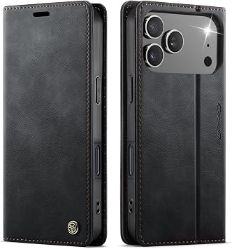 Mobile Phone Case iPhone 17 Pro Max Flip Case Premium PU Leather RFID Protective Case Foldable Stand Mobile Phone Case Leather Case Card Slot Stand Function Case for iPhone 17 Pro Max - Black