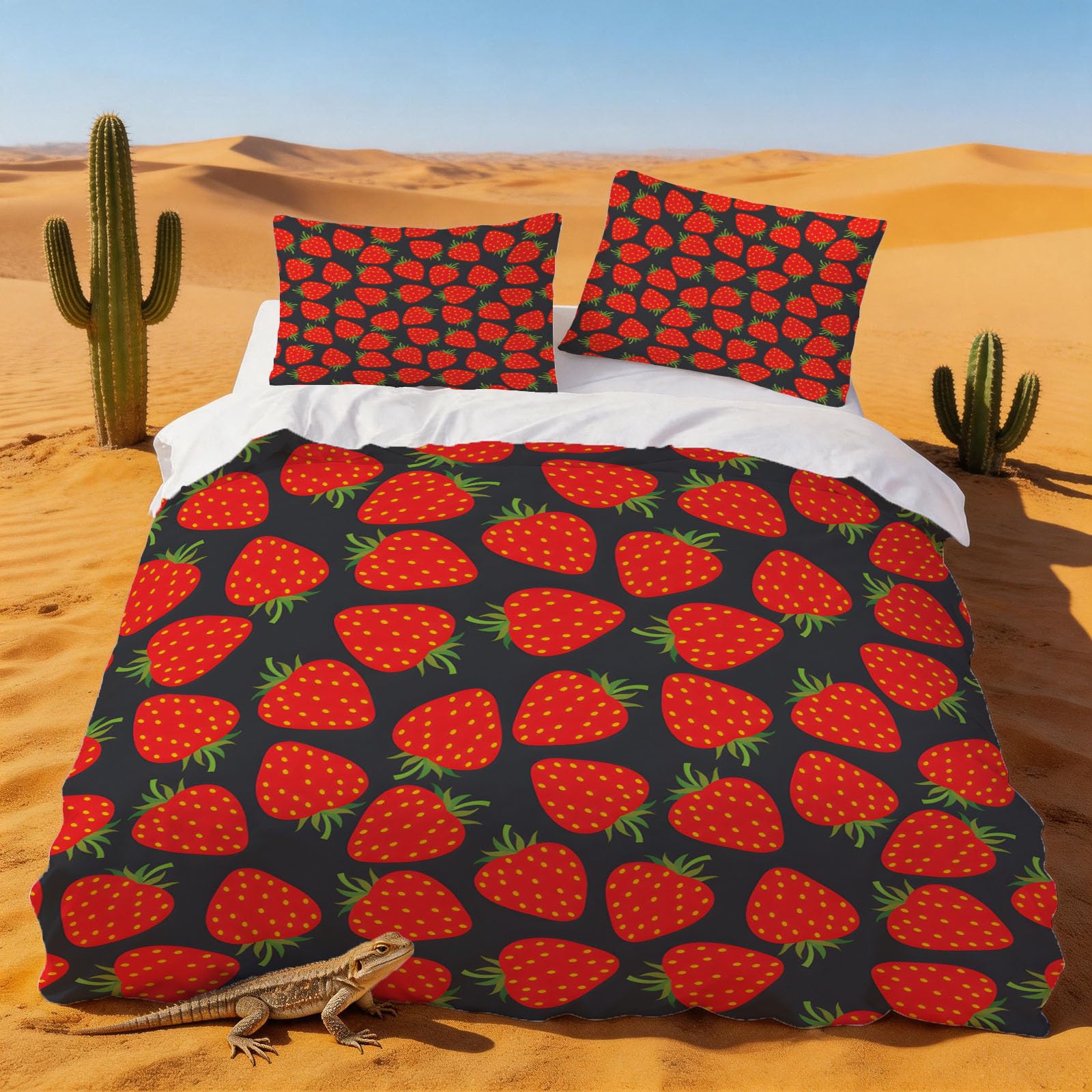 Housse de couette 240x260 fraise rouge anti-pli en microfibre pour lit 2 personnes
